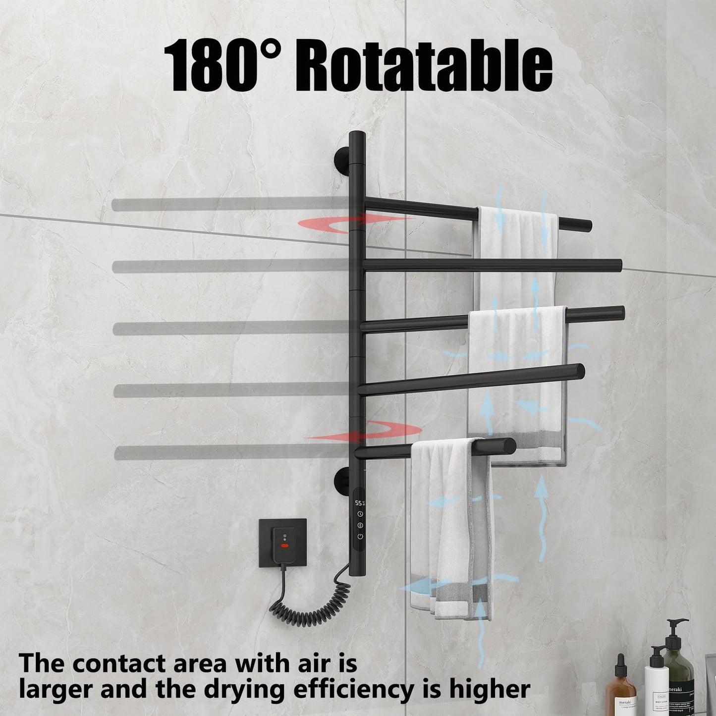 OihPaw Sèche-serviette électrique avec 5 Barres Porte-Serviettes Chauffant Pivotant à 180 °, 85W 42 * 66cm Chauffe-Serviettes électrique Mural avec Thermostat
