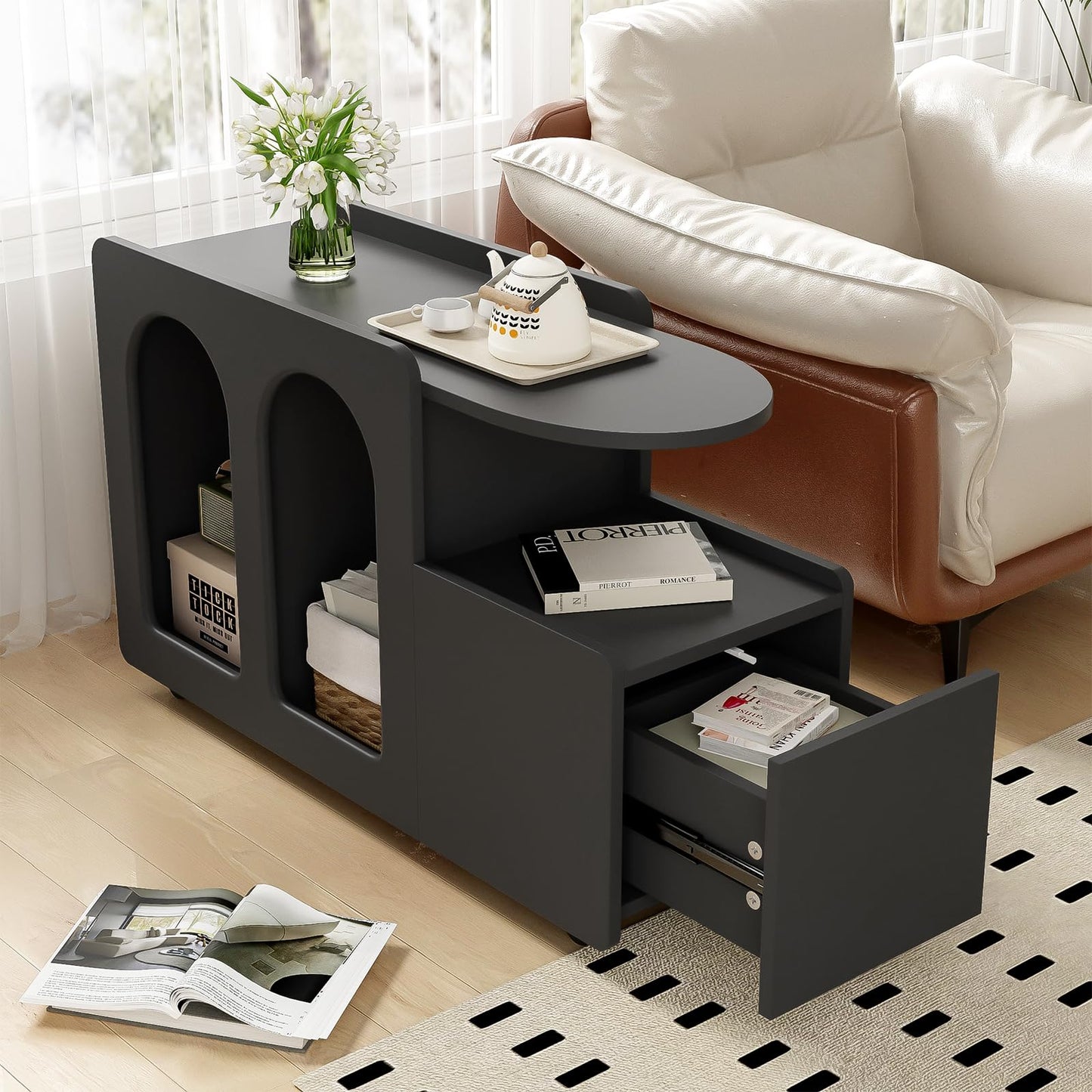 Peiaw Buffet,Meuble de Rangement,Commode,Compartiment Ouvert,Buffet Noir,82 x 30 x 53 cm Armoire latérale Design en Arc,Convient aux Restaurants, Chambres, balcons, Bureaux