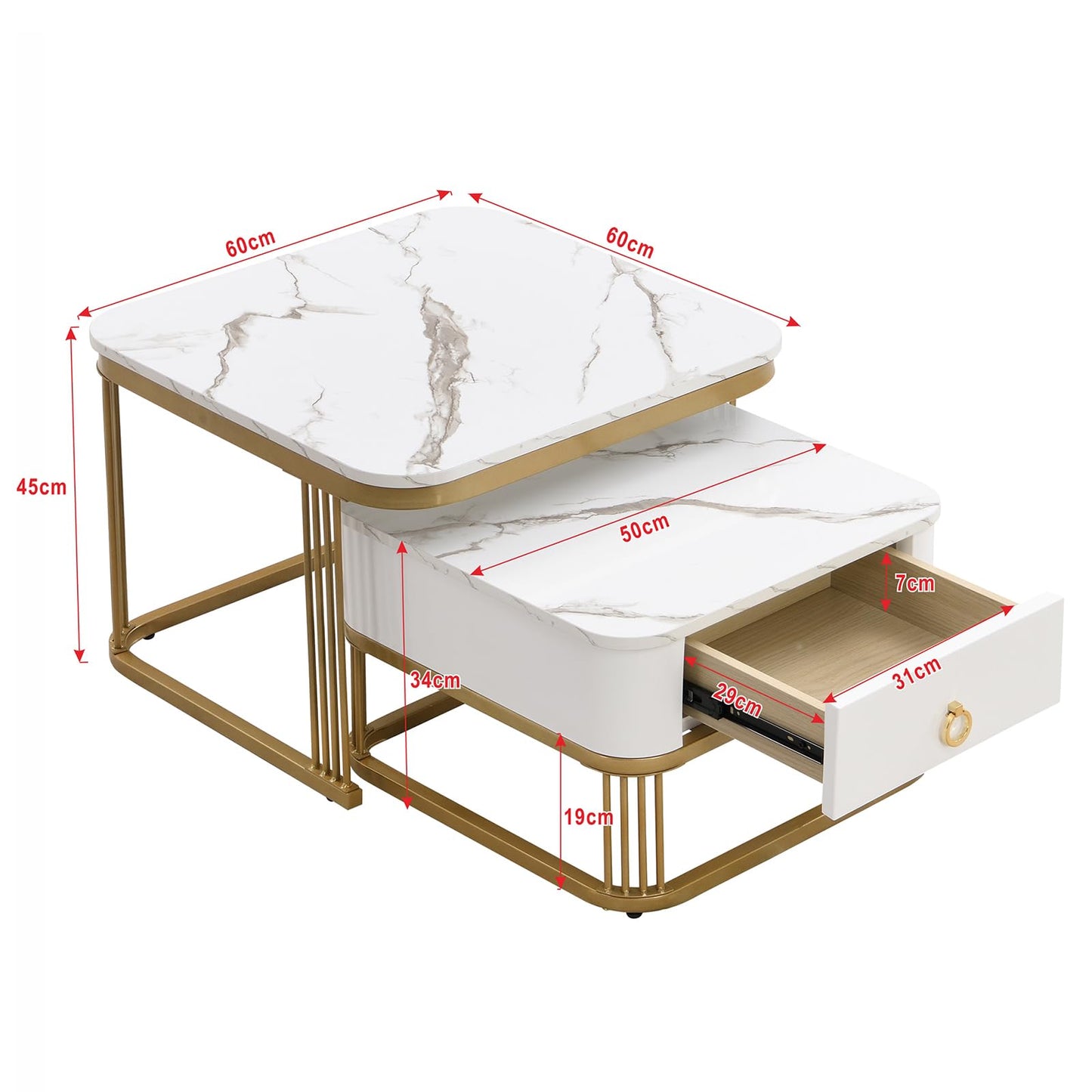 Peiaw Table Basse,Lot de 2 Tables Basses carrées,Aspect marbre Brillant Blanc,Or Structure en métal et poignée dorée,Ensemble de Tables de Salon avec tiroirs,Table de Salon 60x60x45cm & 50x50x34cm