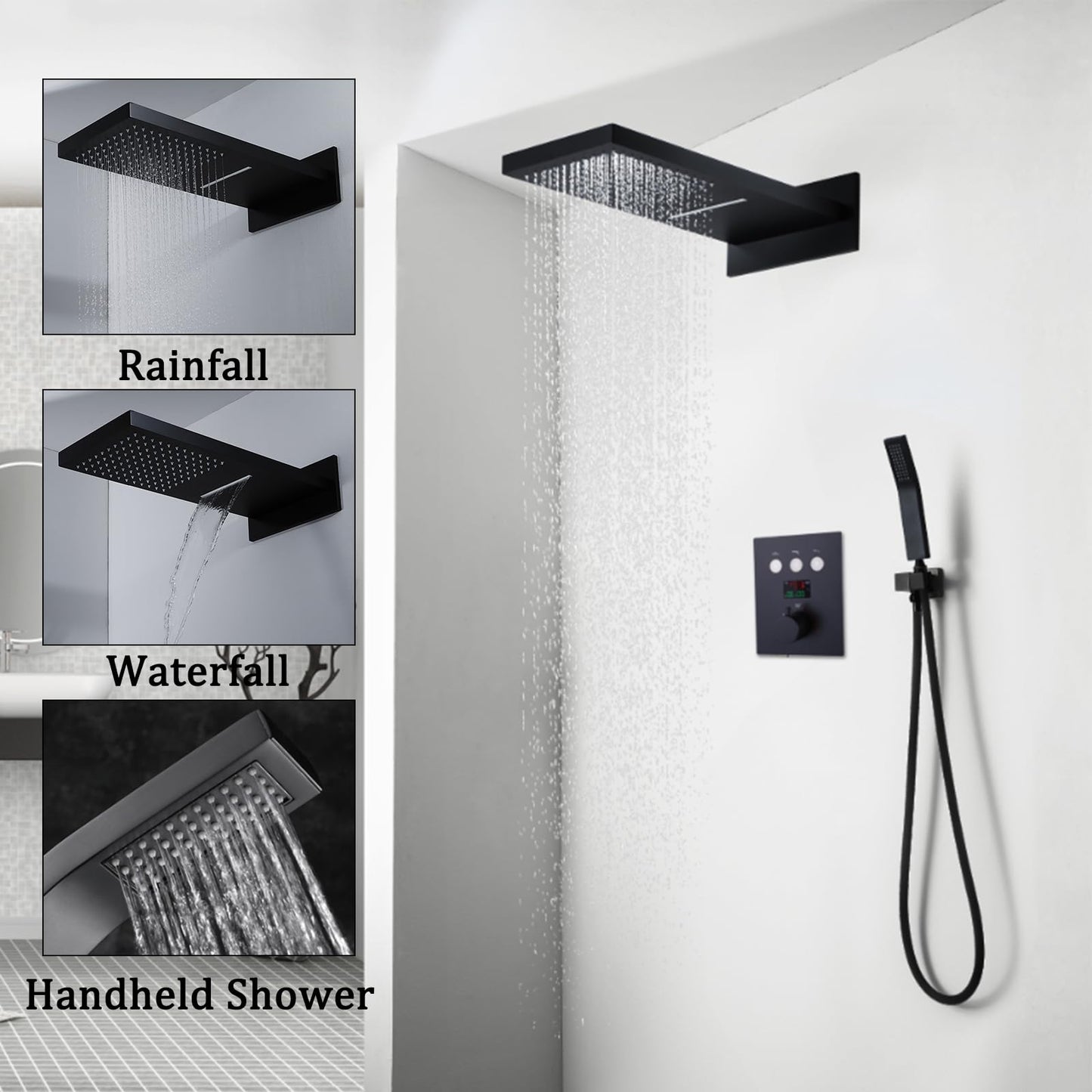 Colonne de Douche Thermostatique Colonne Douche Salle de Bain Colonne Douche Encastrable Noir Ensemble de Douche Affichage Numérique Système de Douche avec Tête de Douche, Douchette