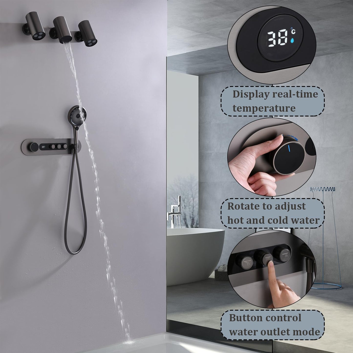 Colonne de Douche Thermostatique, Gris Pistolet Colonne Douche Encastrable Affichage Numérique Ensemble de Douche Mural Forme du Spot Kit de Douche avec Pommeau de Douche et Douchette