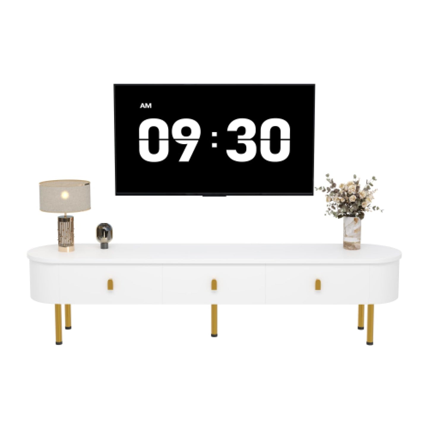 Meuble TV, Meuble TV Blanc avec Trois tiroirs, Meuble TV, Banc TV avec côtés incurvés, Meuble TV de Salon Peut contenir jusqu'à 60-69 Pouces, la Taille de la Table TV est de 174 cm X 35 cm X 41 cm