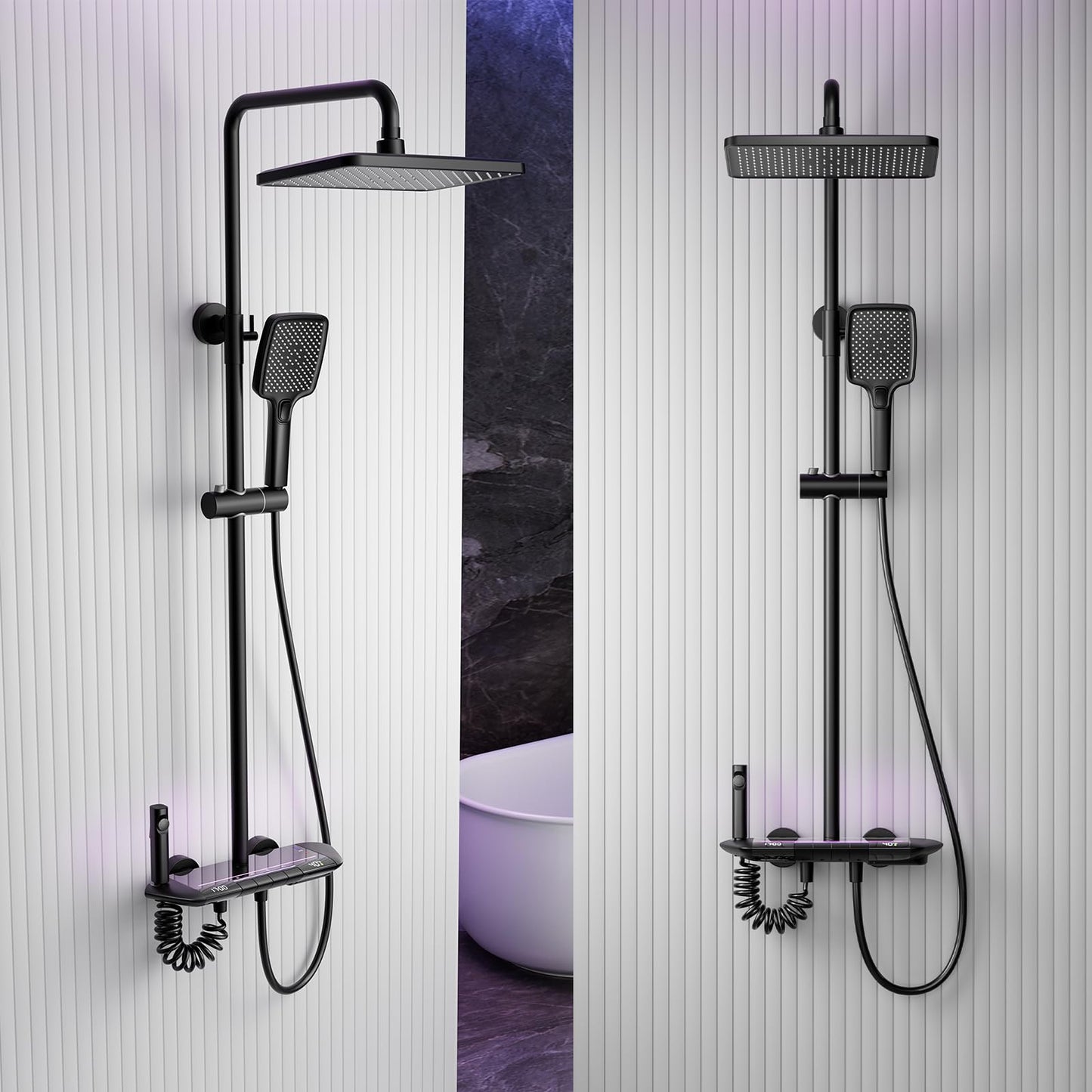 Colonne De Douche Avec Mitigeur Thermostatique Système De Douche Affichage Numérique LED Ensemble De Douche Avec Pommeau De Douche, Douchette, Bidet Douche, Robinet De Baignoire, Réglable (Noir)