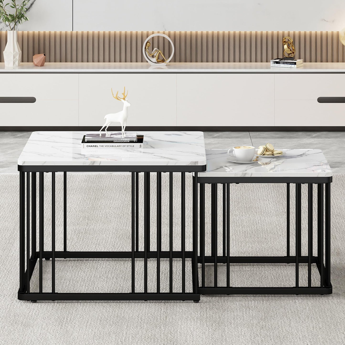 Lot de 2 Tables Basses Gigognes Carré, Tables Basse Empilable Aspect Marbre, Table Basse Salon Chambre avec Cadre en Métal, Polyvalent Tables Bassee pour Bureau, Appartement