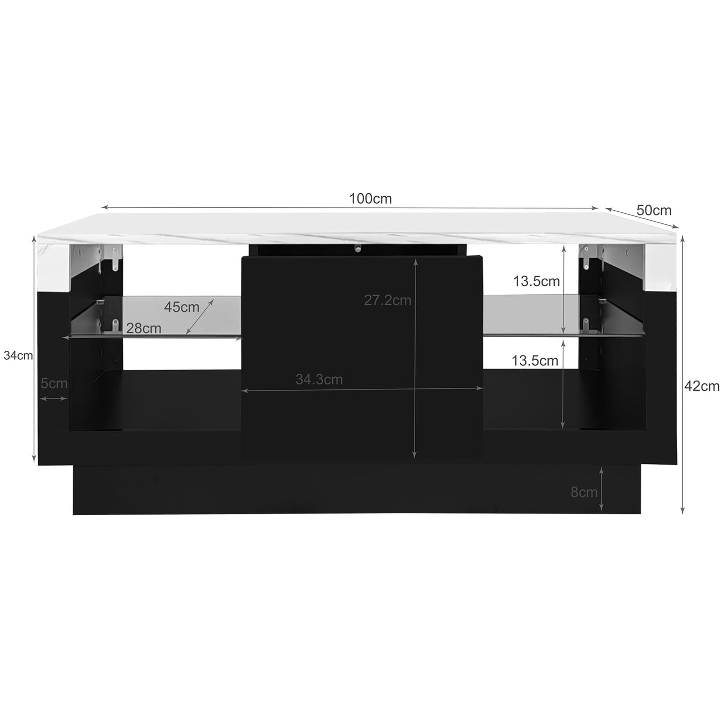 Table basse,Table basse salon,Table basse blanche et noire,Table basse aspect marbre brillant,Table basse avec un tiroir,Cloisons en verre des deux côtés avec éclairage LED,Table basse 100x42x50cm