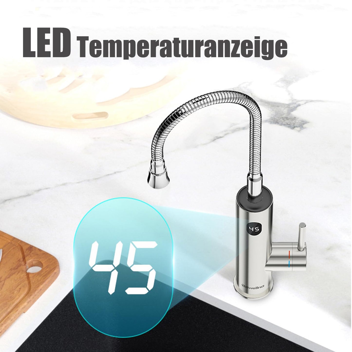 Robinet Chauffant Instantané Cuisine 230V, 3200W Robinet Chauffe eau Électrique Instantané avec Affichage de la Température LED et Flexible Bec, Rotatif à 360° Mitigeur en Acier Inoxydable