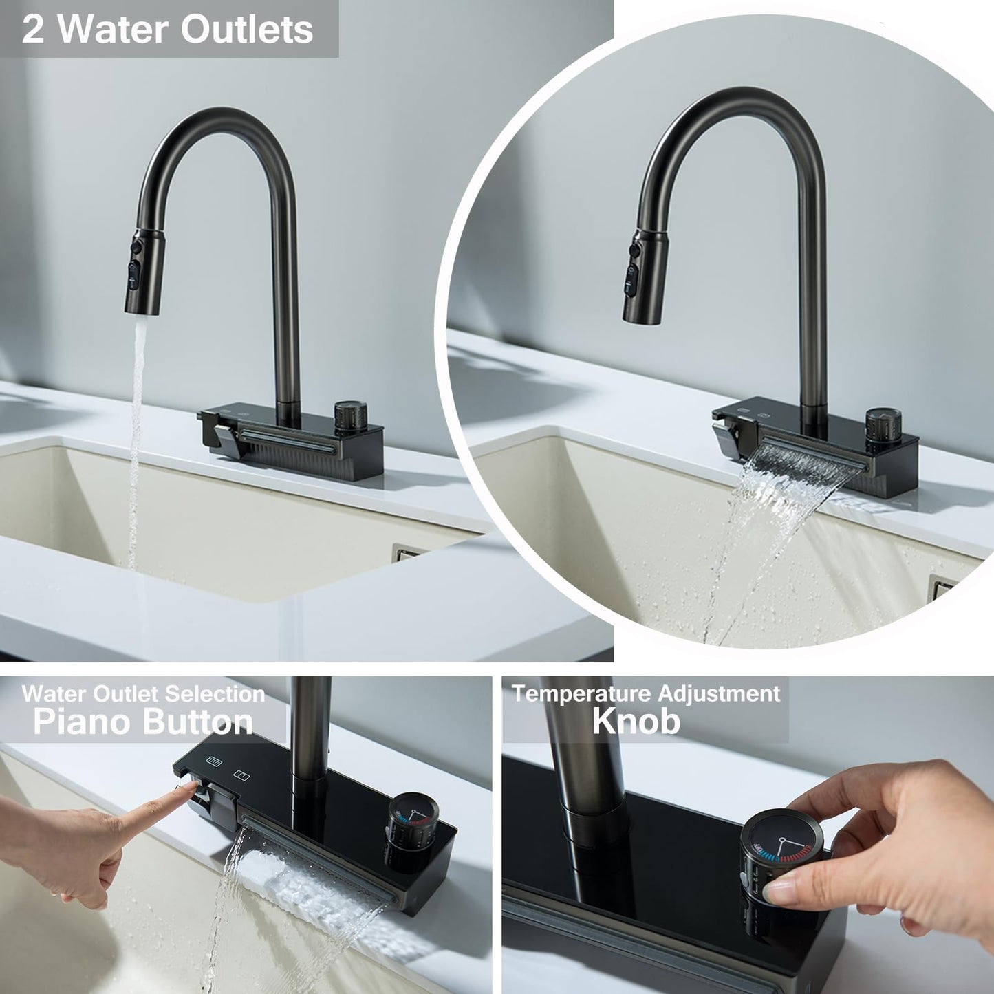 Robinet de Cuisine Cascade avec Douchette Extensible, Mitigeur Cuisine Cascade Unique avec Touches Piano et Bouton Rotatif, 4 Modes Robinet d'Évier de Cuisine Pivotant à 360°
