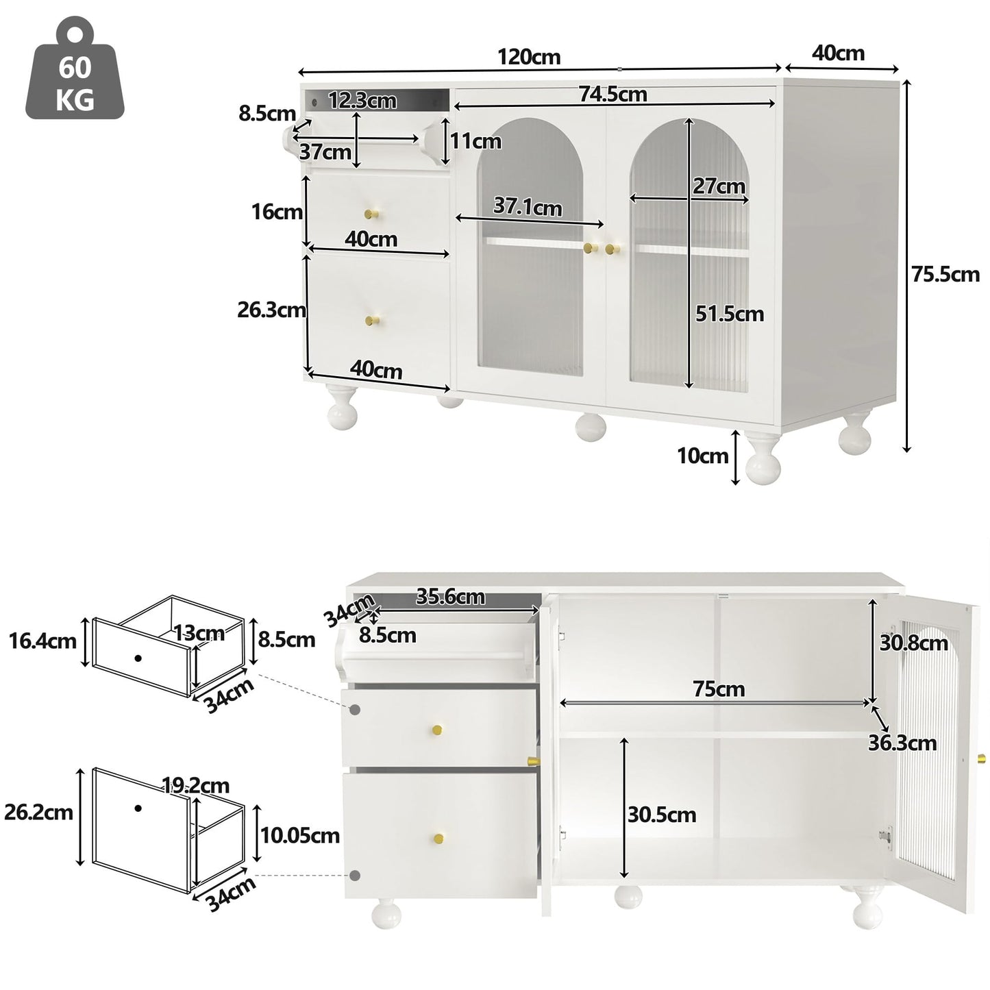 120 x 40 x 75.5 cm Armoire de Rangement Polyvalente, Armoire de Salon avec 3 Tiroirs et 2 Porte D'armoire Vitrée et Porte-Serviettes, Buffet Cuisine Applicable à Cuisine, Salon, Salle à Manger