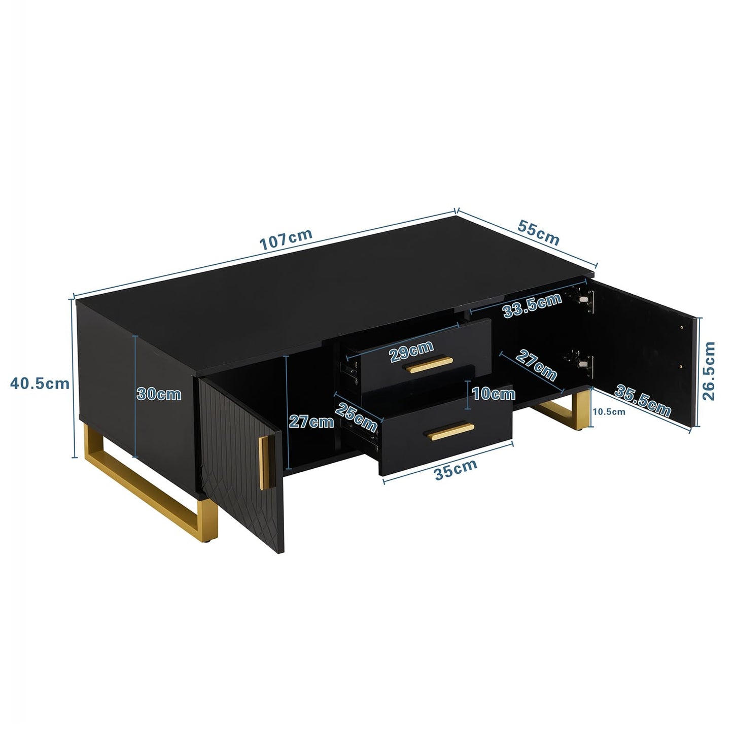 Table basse,Table basse salon,Table basse brillante,Table basse carrée avec tiroirs,équipée de deux portes,Poignées et pieds dorés,avec compartiment de rangement ouvert,Table basse 107x40,5x55 cm