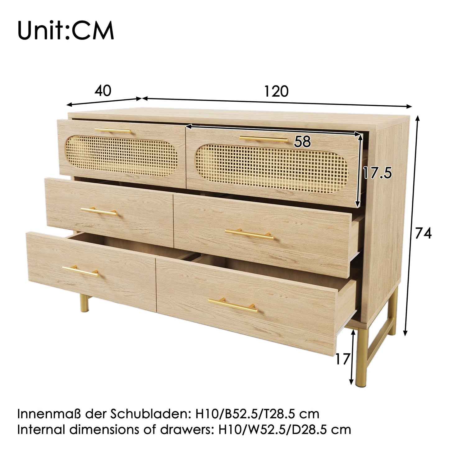 SHUGUANG Buffet en Rotin avec 6 Tiroirs, Commode de Chambre Style Bohème, Vaisselier, Meuble de Rangement pour Salon et Entrée, Poignées en Métal Doré, Anti-Inclinaison, 120 x 40 x 74 cm, Chêne