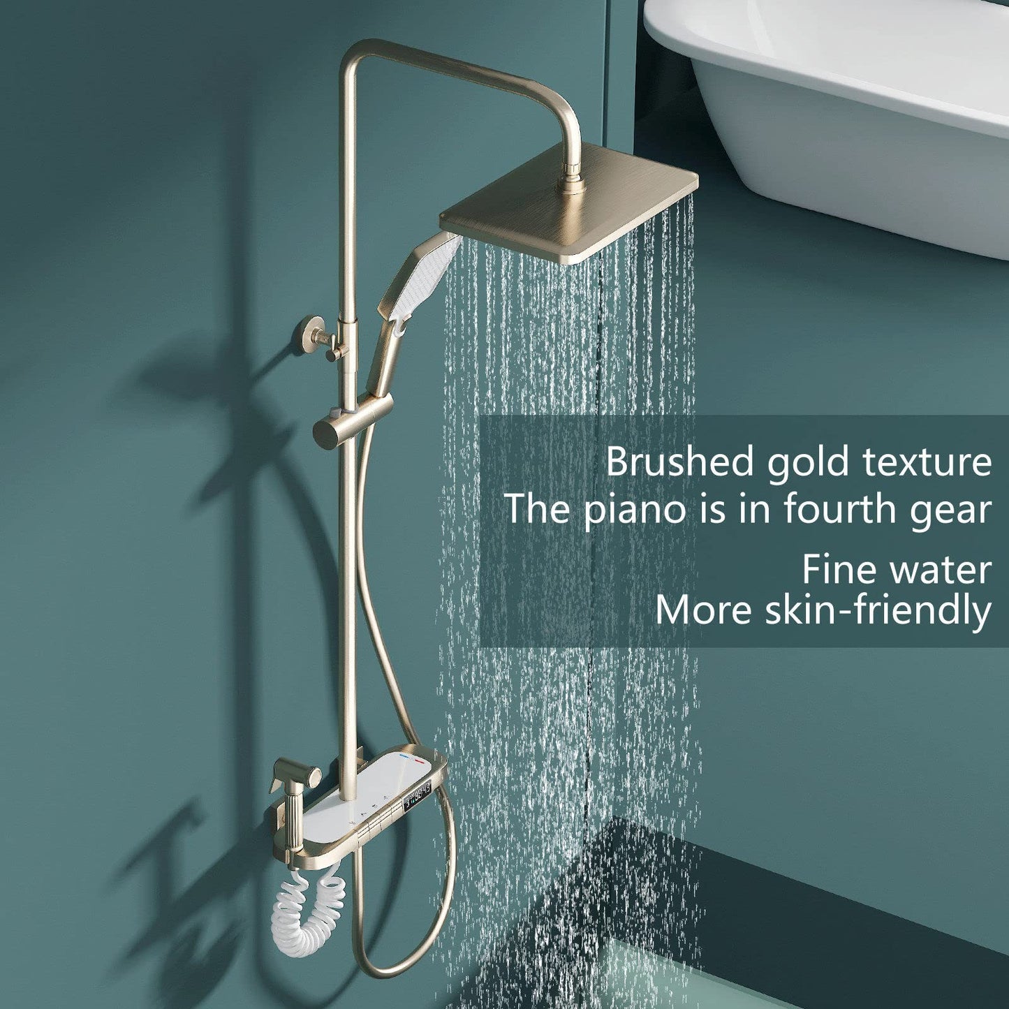 OihPaw Colonne De Douche Thermostatique, SystèMe De Douche Mural à Clé De Piano à Affichage NuméRique LED à 4 Fonctions, Avec Pomme De Douche 30x20 Cm, Robinet De Baignoire Cascade-Or Brossé