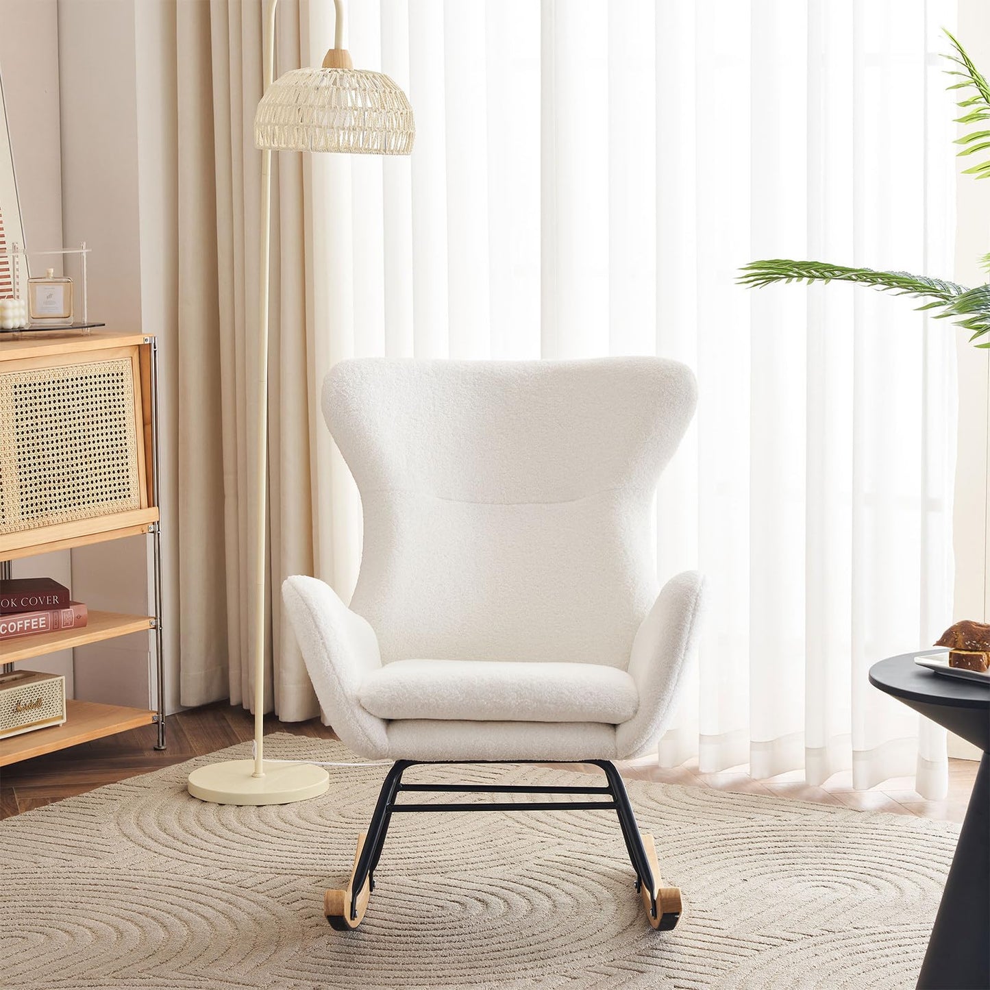 Fauteuil à Bascule, Allaitement Rocking Chair Épaissir Rembourré, Scandinave Velours Peluche Chaise Loisir avec Pieds en Bois Massif, Capacité 150 kg, pour Salon, Chambre, Balcon, 96x68x90cm