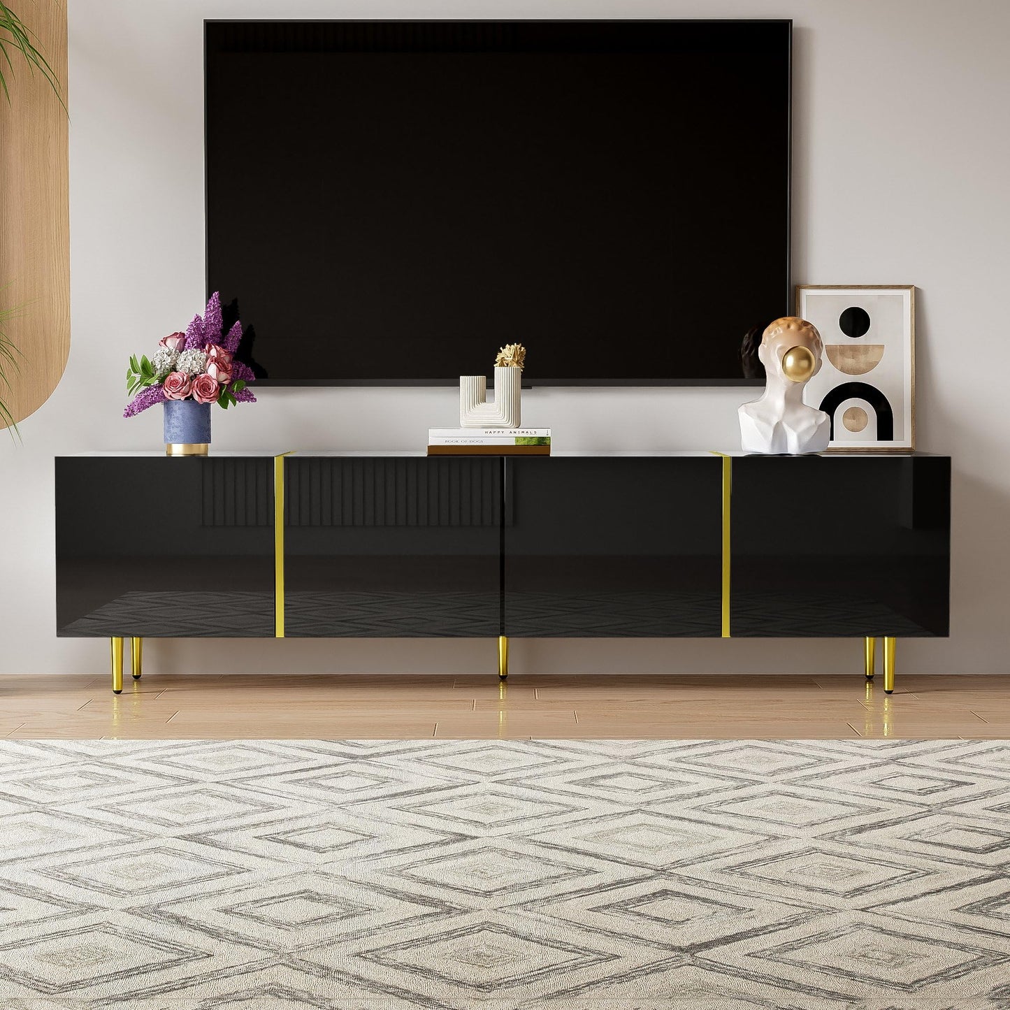 Meuble TV Moderne et Simple, 170 cm Banc TV Brillant avec Quatre Portes, Accents Dorés, Console Multimédia TV pour Les TV jusqu'à 70", Grand Espace de Rangement, Meuble Salon, Facile à Assembler