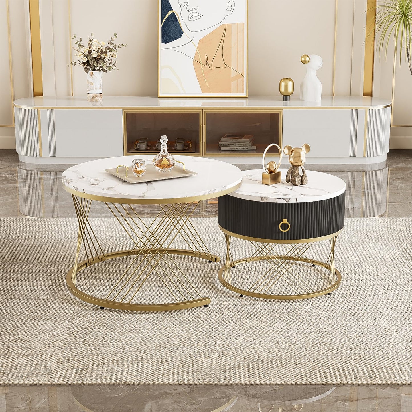 Table Basse,table basse ronde blanc,Lot de 2 Tables Basses de Salon Gigognes avec tiroirs, table de salon moderne aspect marbre et structure en acier doré, table de salon 70x70x45cm et 50x50x40cm