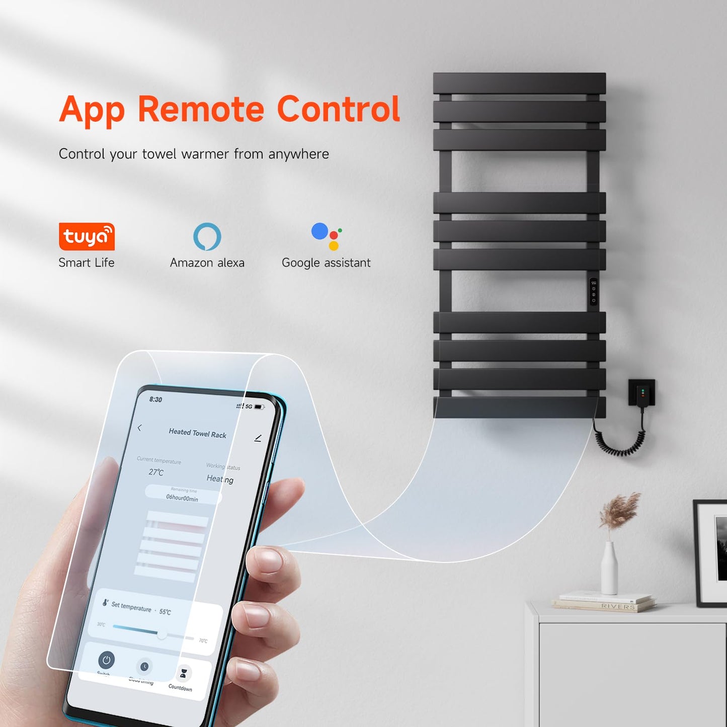 OihPaw Sèche Serviettes Électrique,1100x550mm Porte-Serviettes électrique Noir Droite WiFi Compatible avec App Alexa Google Assistant,446W seche Serviette Electrique,1-9H Minuterie Thermostat