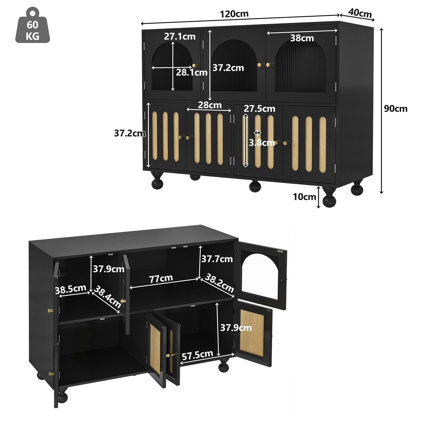 Buffet Salon Moderne, Longue Porte en Verre au Design Arc-en-ciel, Porte de Bar à clés de Piano, Pieds de Colonne Ronds, Armoire de Rangement Élégante, Armoire de Buffet au Design Unique, Blanc/Noir