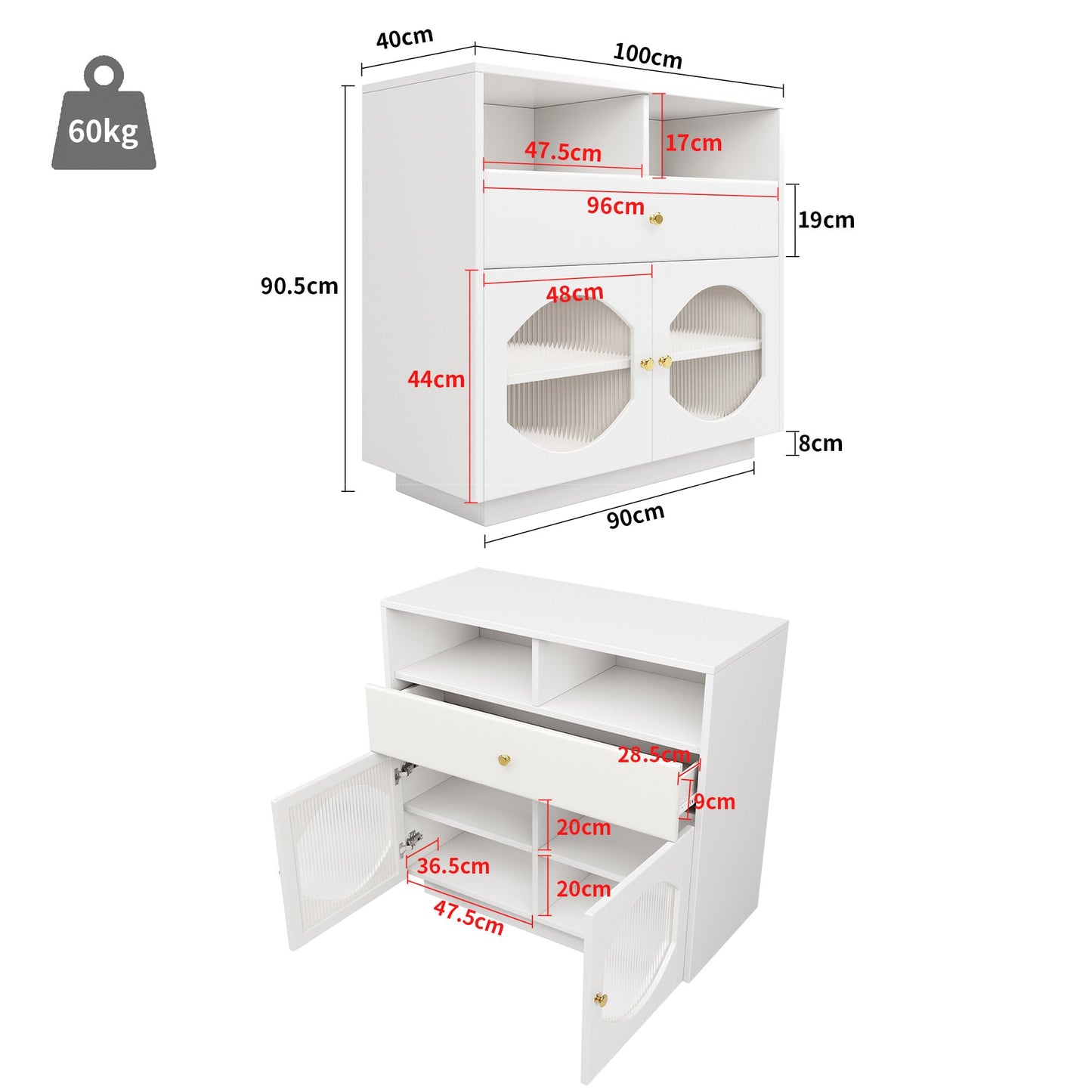 Buffet Salon avec Portes en Verre, Meuble de Cuisine Moderne de Luxe avec 1 Tiroir, 2 Portes et 2 Cloisons Ouvertes, Bahut Buffet de Salle à Manger, 100 × 40 × 90,5cm, Facile à Assembler, Blanc/Noir