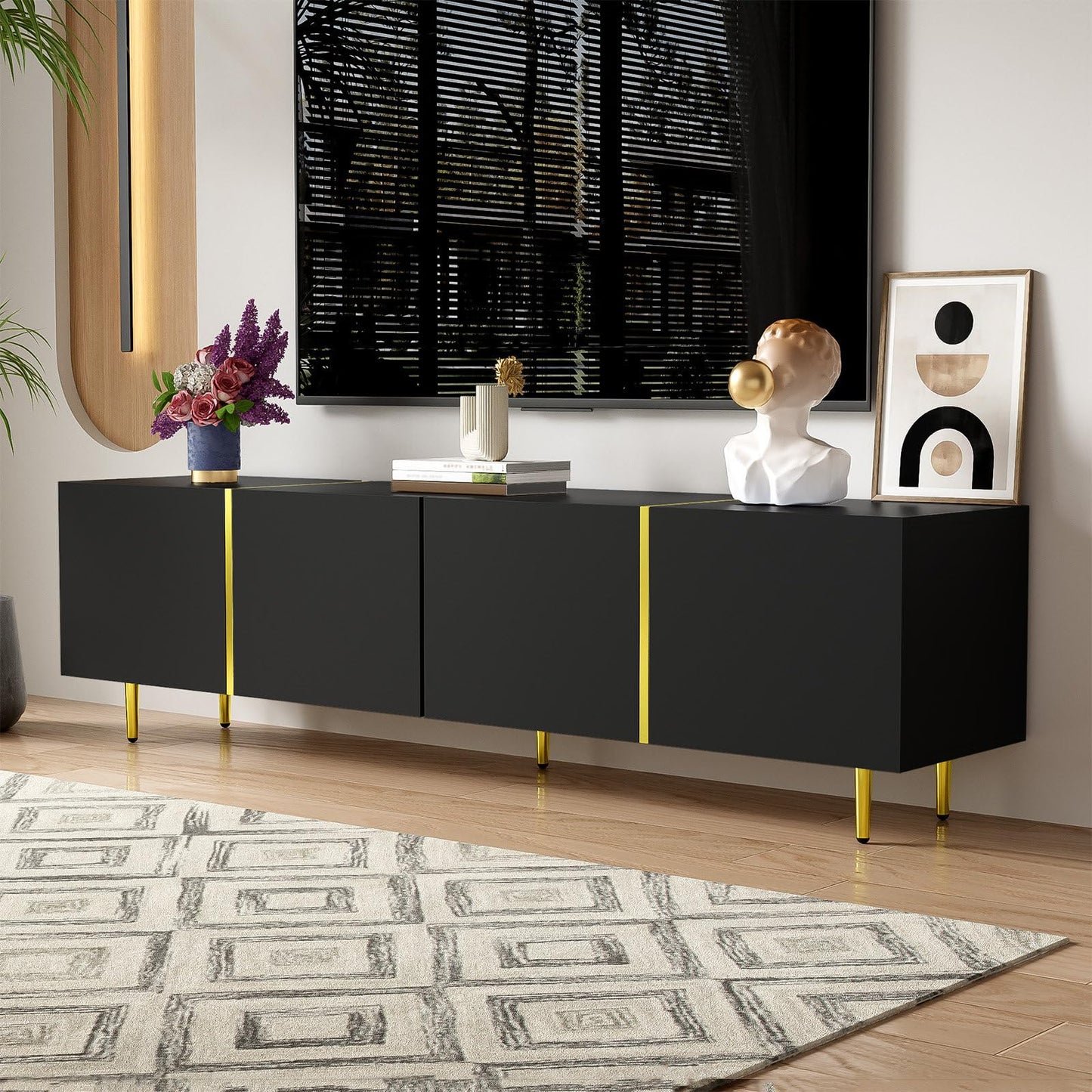 Meuble TV 170cm, Meuble Télé de Salon Quatre Portes Haute Brillance, Armoire De Télévision avec 2 Ports de Gestion des Câbles, Table Télévision Peut Accueillir Un Téléviseur de 70 Pouces, 170x35x46cm