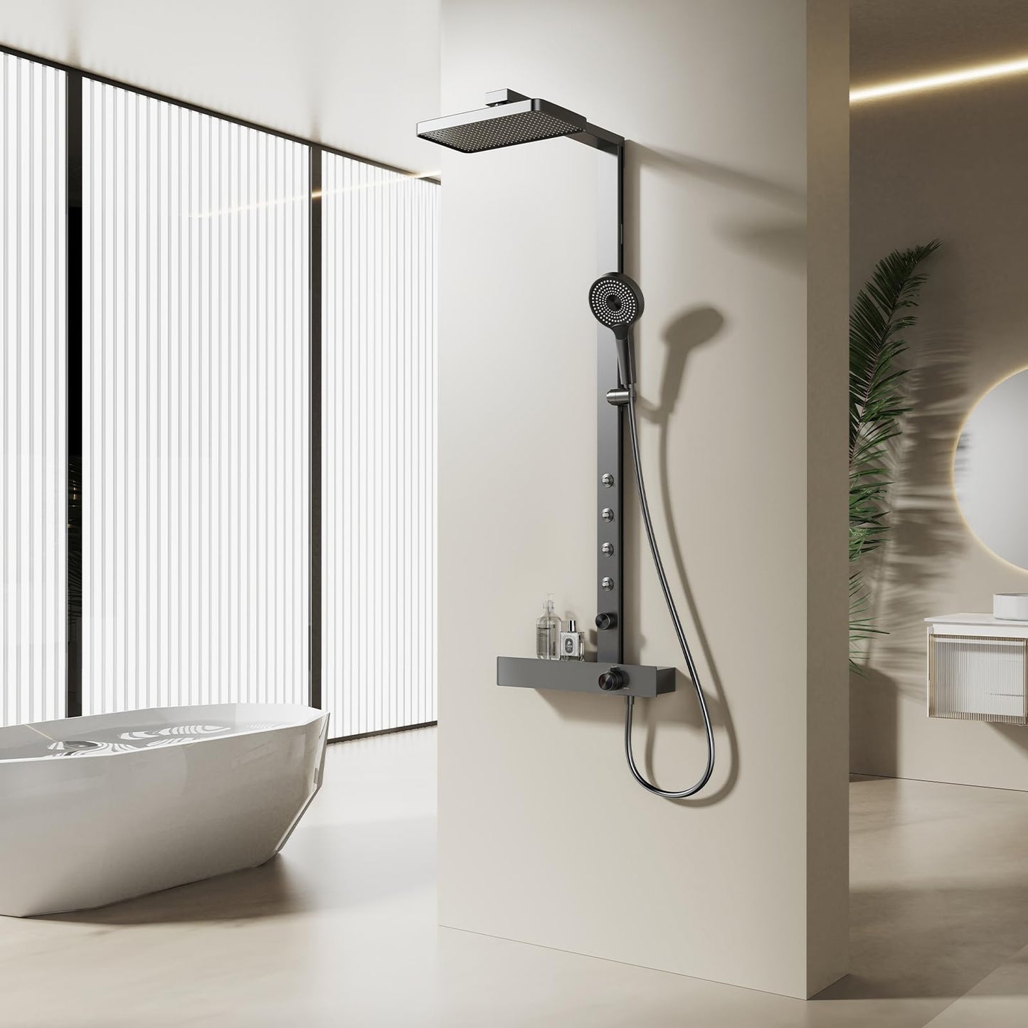 Système de Douche, Colonne de Douche avec Mitigeur Ensemble de Douche 4 voies Mural Kit de Douche avec Pomme de Douche y Douchette, Spray Dorsal, Bec de Baignoire (Gris Pistolet)