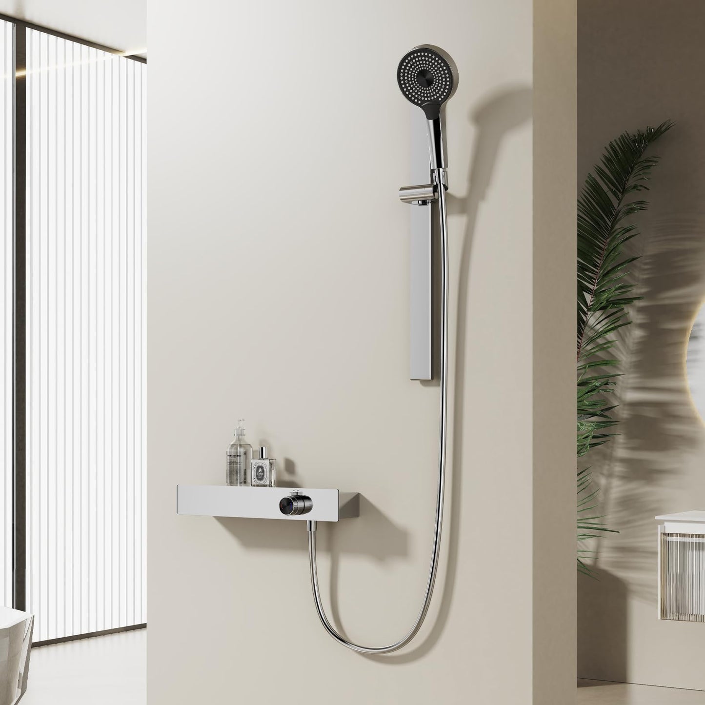 Robinet de Baignoire avec Douchette 3 Jets, Mitigeur Baignoire Cascade Mitigeur de Baignoire Mural Robinet Baignoire avec 150cm Tuyau et Tringle de Douche Réglable (Chrome)
