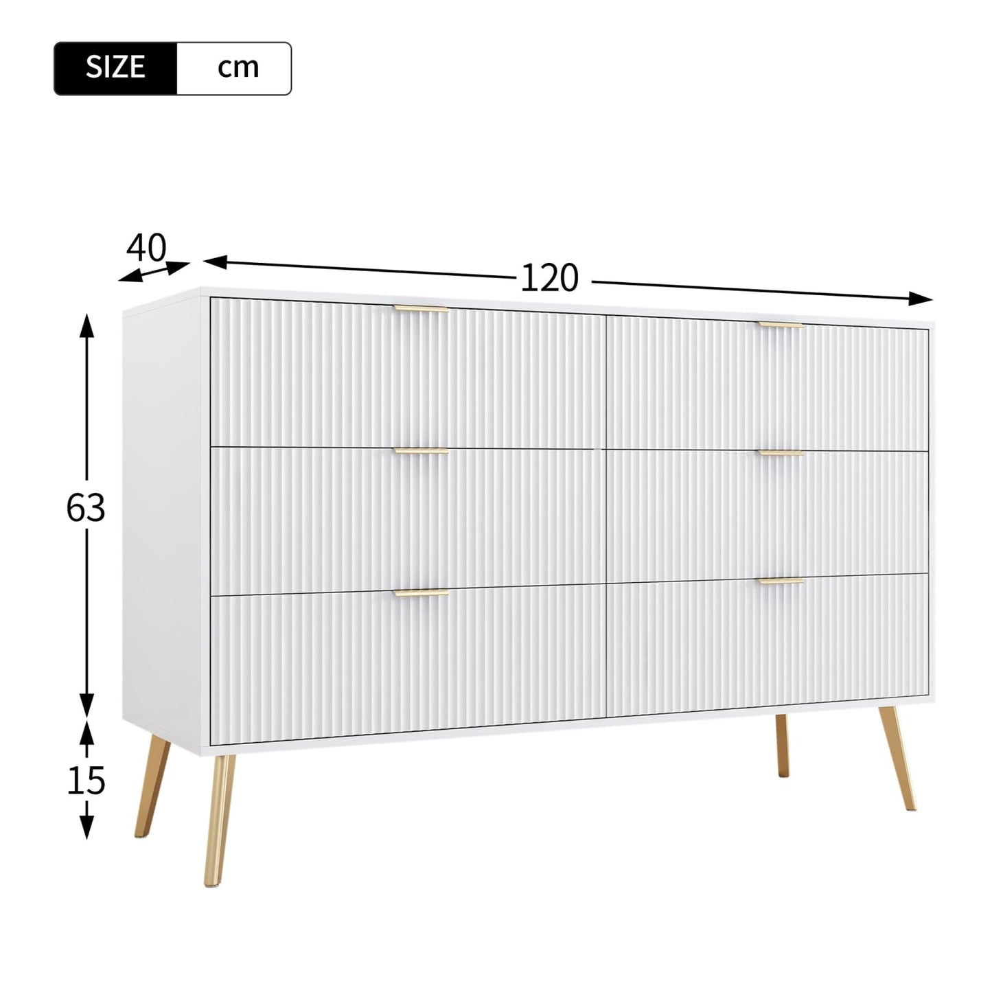 Buffets,Meuble de Rangement Blanc,armoires de Cuisine,Coiffeuse, Buffet avec 6 tiroirs, Pieds plaqués Or, 6 commodes avec poignées, 120 x 40 x 78 cm,Convient pour entrée,Salle à Manger, Bureau