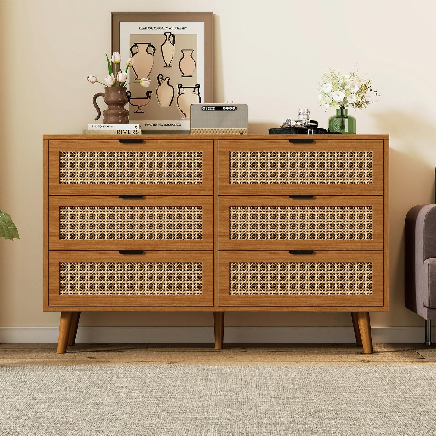 Kommode Mit 6 Schubladen, Sideboard Perforierte Rattantür, Mehrzweckschrank für Wohnzimmer, Esszimmer, Schubladenschrank Hohe Tragfähigkeit, Schrankbeine aus Massivholz, Metallgriff, 120 x 40 x 76.5cm