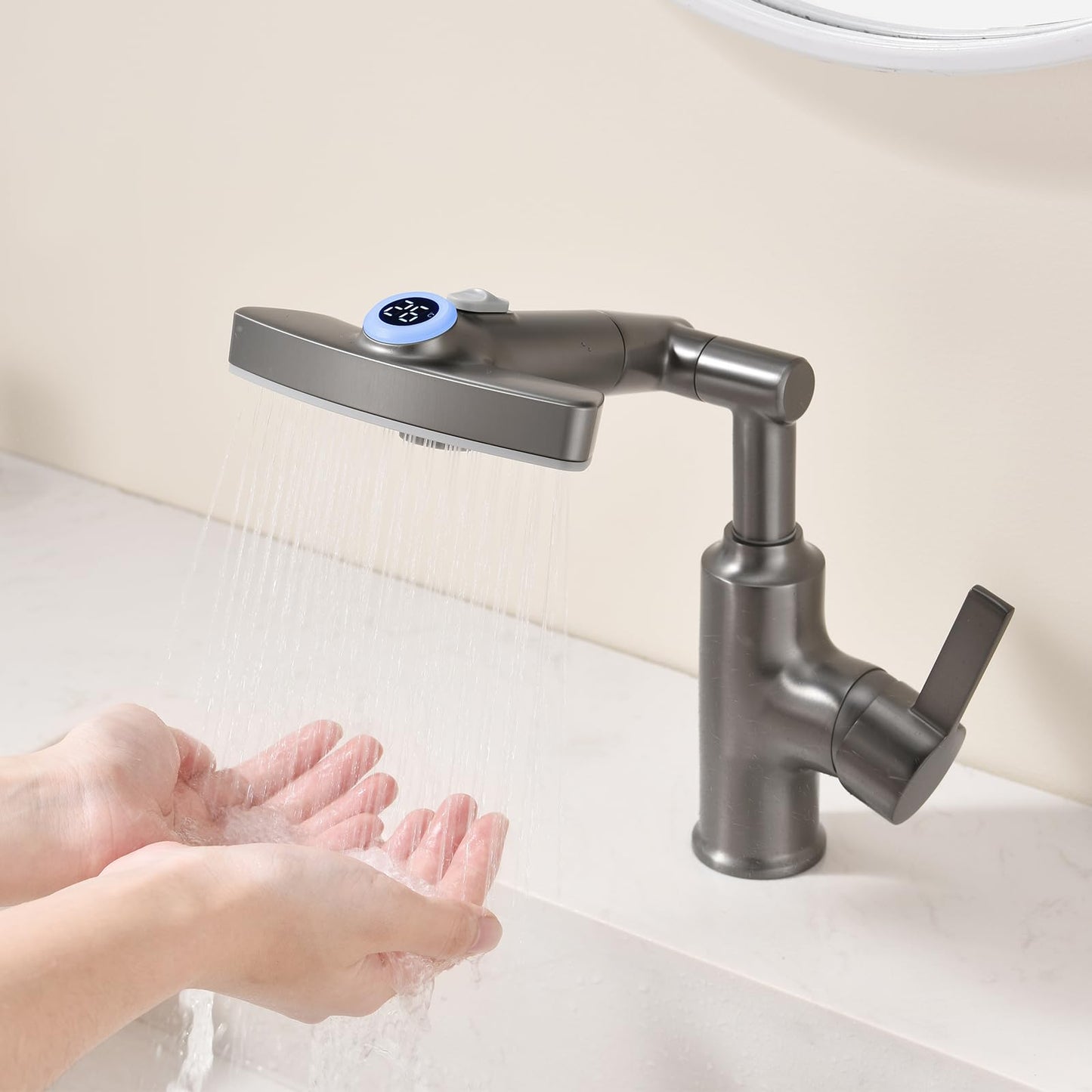 Mitigeur Lavabo Affichage Numérique LED Robinet Lavabo Gris Pistolet Robinet Cascade, Rotation à 360° Robinet Salle de Bain 3 Fonctions Mitigeur Salle de Bain