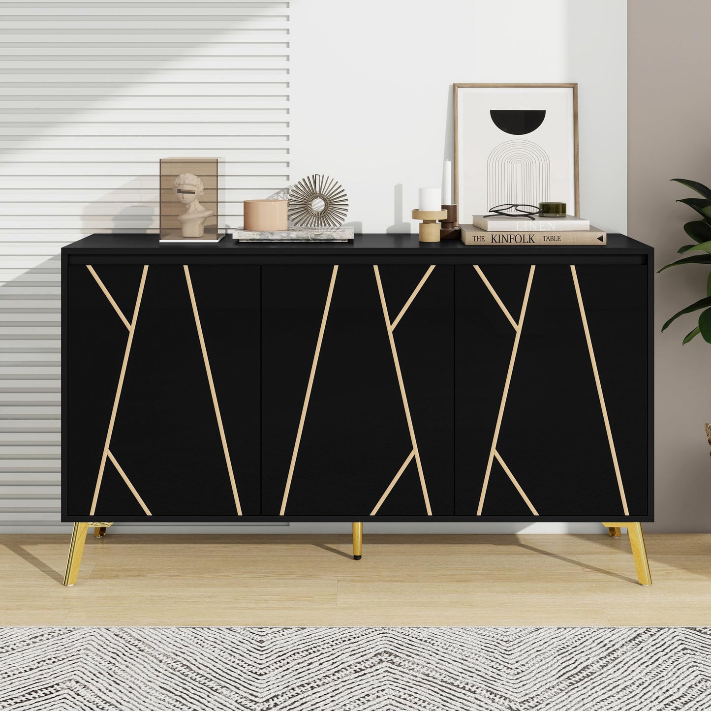 Buffet de Style Moderne au Design Unique Bahut avec 3 Portes, Sans Poignées, Armoire Latérale de Salon, Meuble Buffet de Cuisine, Armoire de Rangement pour Salle à Manger, Entrée (Blanc/Noir)