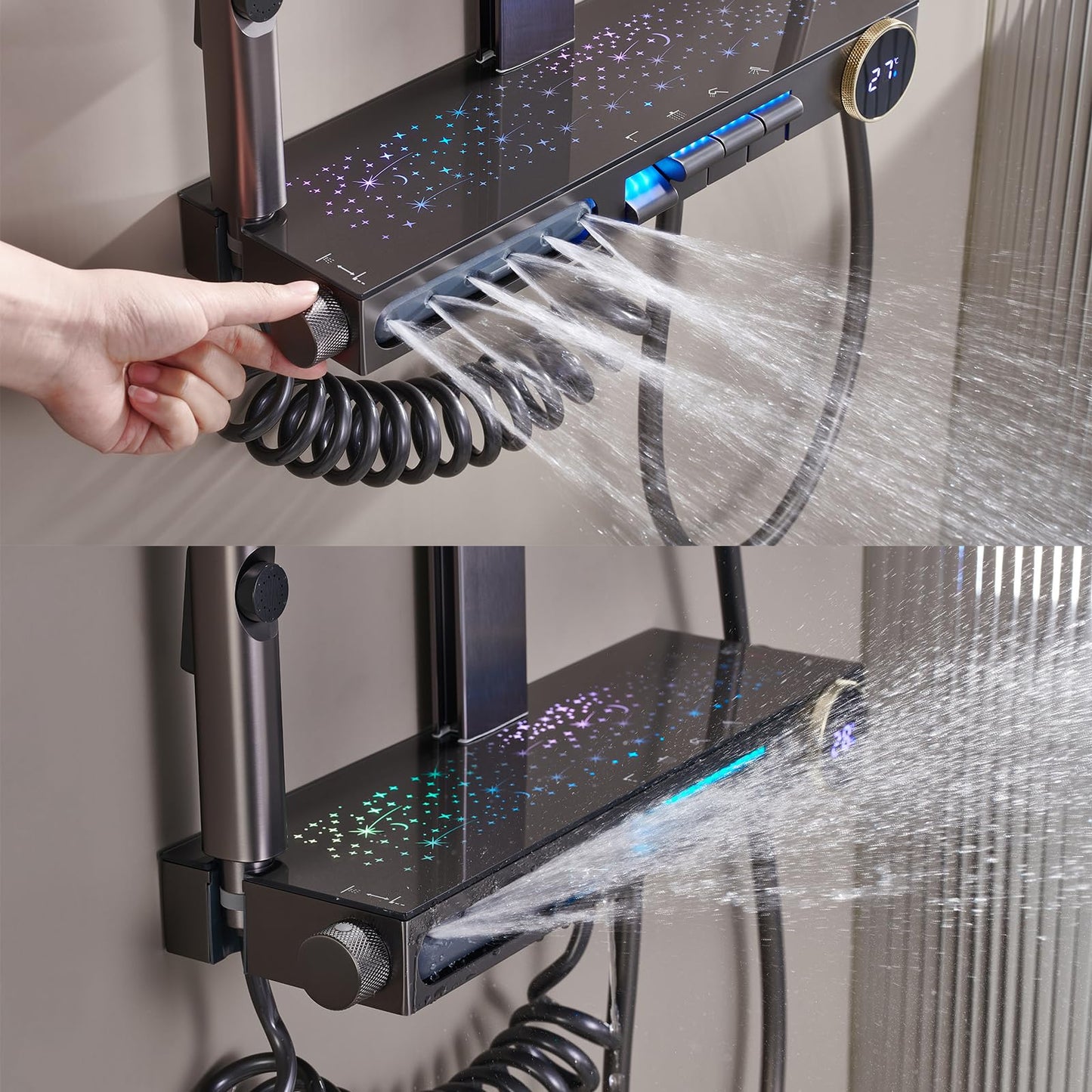 OihPaw Système de douche avec thermostat, robinet de douche - Affichage numérique LED - Kit de douche avec lumière ciel étoilé - 5 voies - Avec bec cascade - Pommeau de douche 3 modes