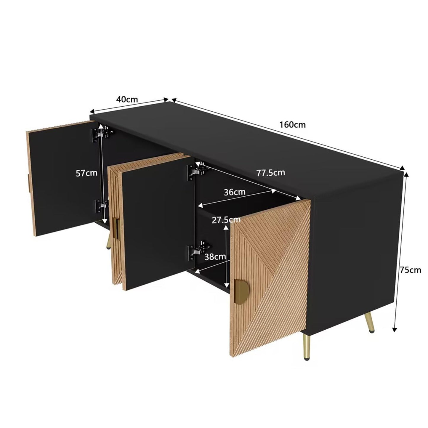 Sideboard mit 4 Türen, Kommode, Küchenschrank, Mehrzweckschrank für Wohnzimmer, Esszimmer, Schlafzimmer, Goldene Gebürstete Griffe, Hochglanz Tischbeine, Premium MDF und PB, 160 x 75 x 40 cm (B/H/T)