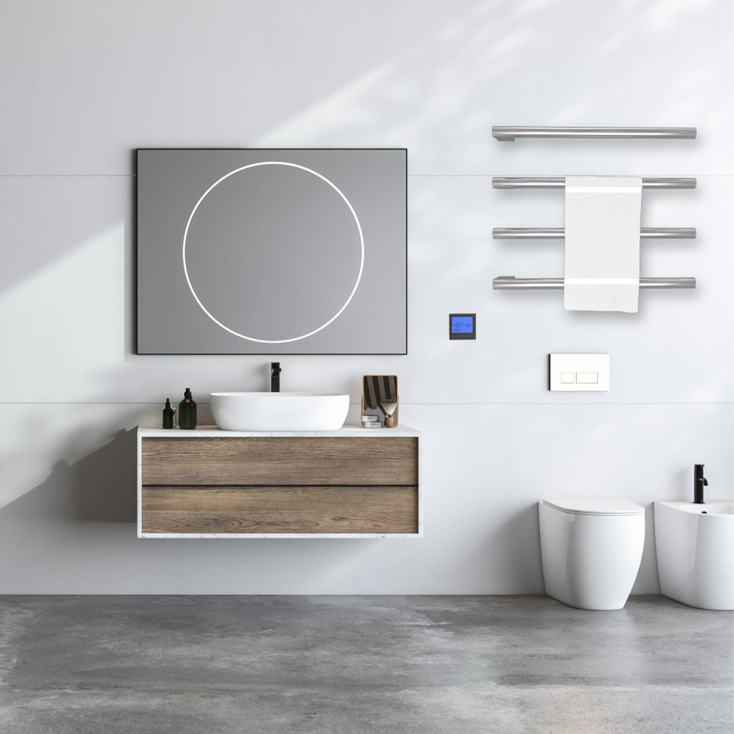 OihPaw Sèche-serviette électrique 55W Radiateur Porte-Serviettes 600×480mm avec, Affichage LED et minuterie Acier Inoxydable Porte Serviettes Electrique