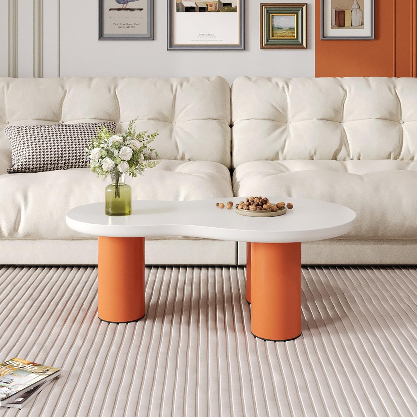 Peiaw Table Basse,Table Basse Minimaliste Moderne,Table Basse en Forme de Nuage,Table Basse Blanc et Orange,Colonne de Support cylindrique,Longueur 99,5 cm, Largeur 43~58 cm, Hauteur 35,5 cm