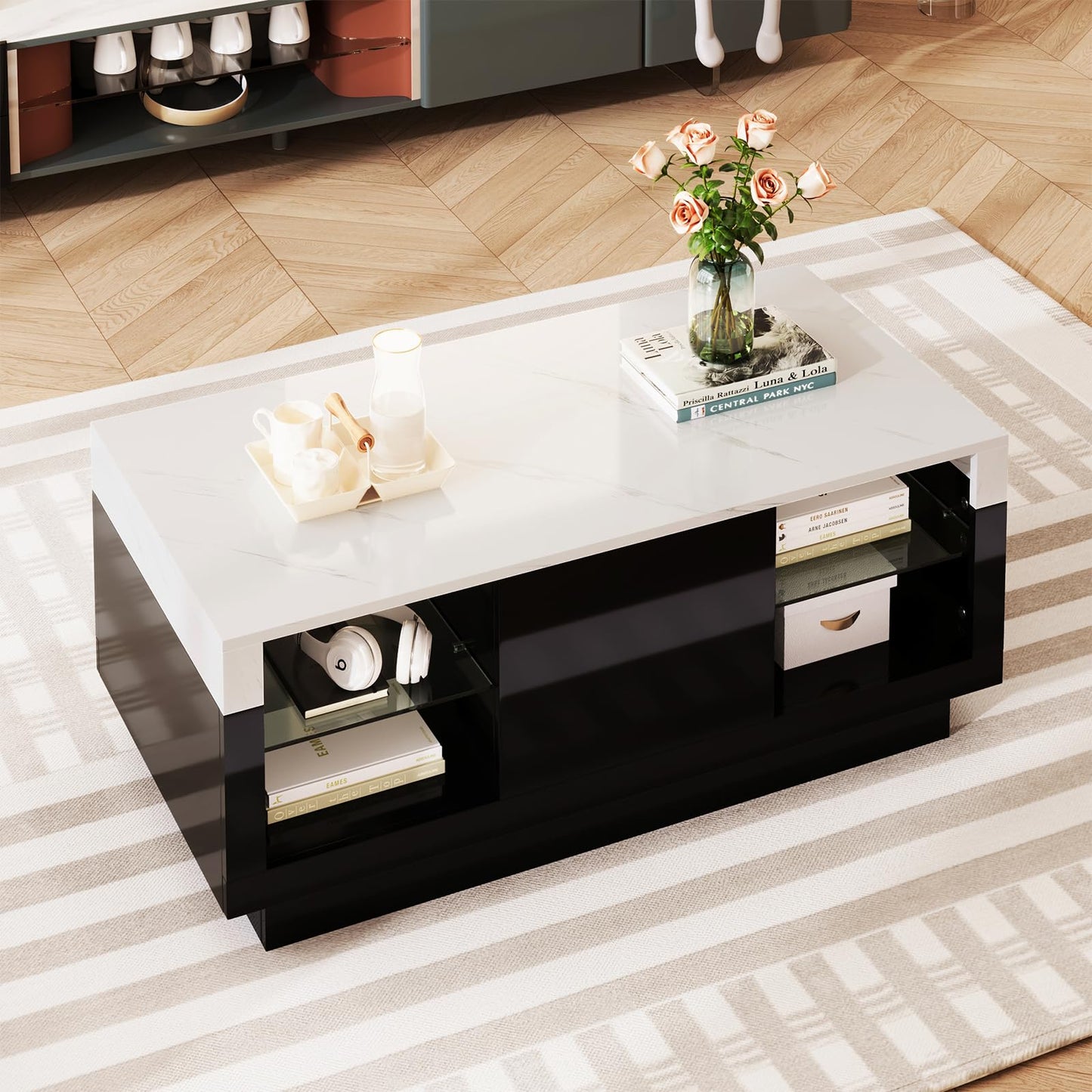 Table basse,Table basse salon,Table basse blanche et noire,Table basse aspect marbre brillant,Table basse avec un tiroir,Cloisons en verre des deux côtés avec éclairage LED,Table basse 100x42x50cm