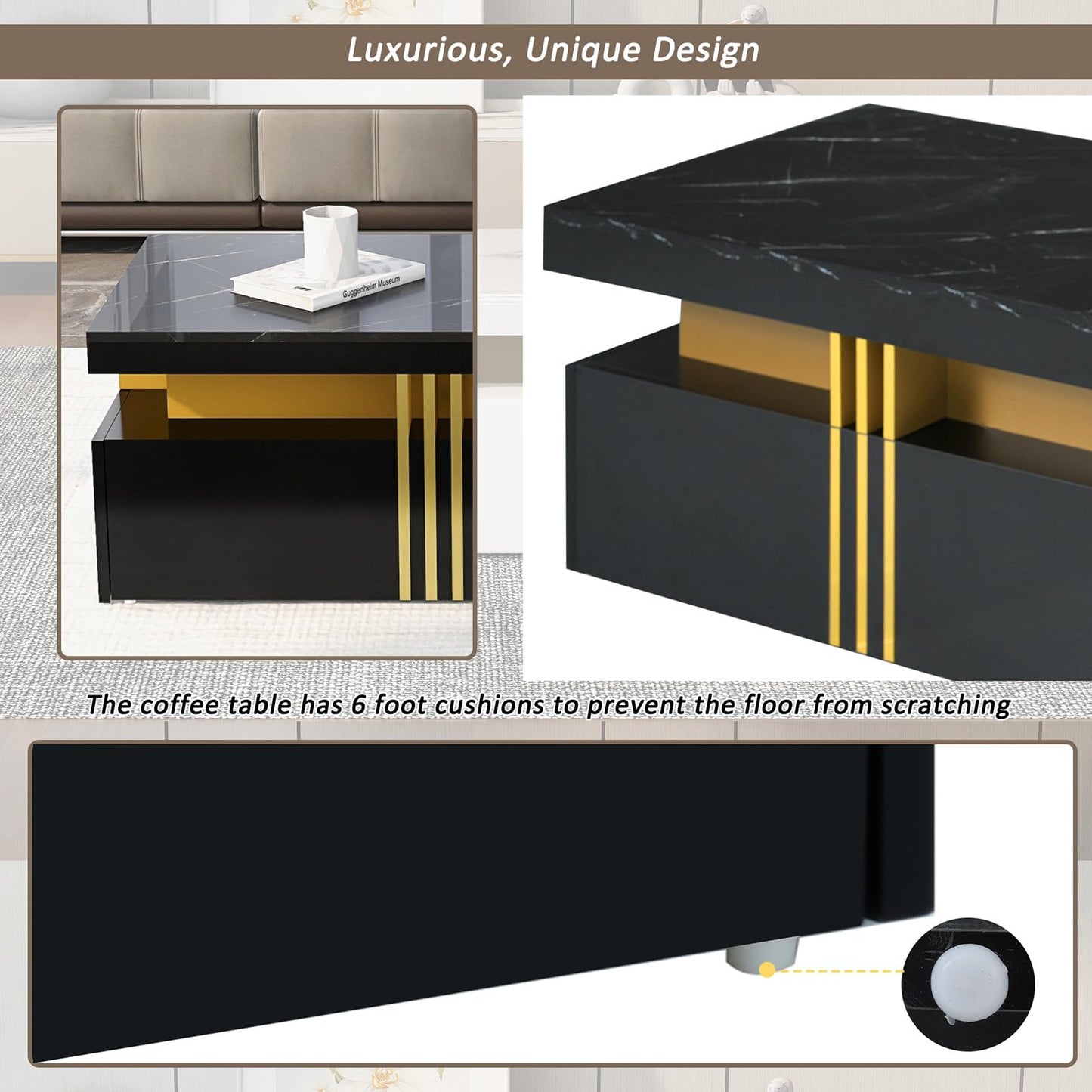 Peiaw Table Basse,Table Basse Salon,Table Basse en marbre Noir,Table Basse rectangulaire Moderne,Table Basse avec 2 tiroirs en Bois,Bordure dorée métallisée sur Le côté,Table Basse 100 x 50 x 40cm