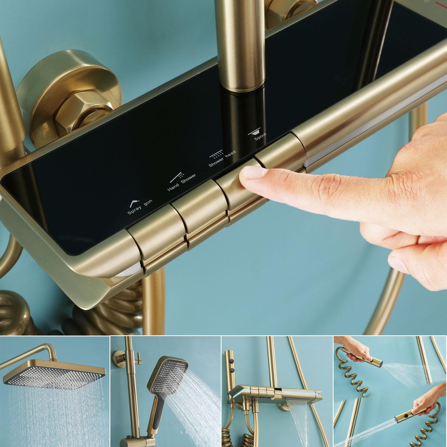 OihPaw Colonne de Douche Thermostatique avec Mitigeur,Système de Douche Affichage Numérique Kit de Douche Réglable Hauteur Ensemble Douche avec Douche de Tête,Or Brossé