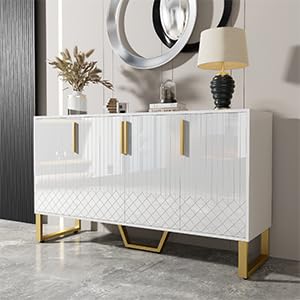 Peiaw Buffet,Meuble de Cuisine Rangement,Blanc bahut,Buffet 4 Portes, Armoire de Cuisine, Buffet avec poignées et Pieds en métal, 140 x 40 x 80 cm, adapté pour Chambre, Salon, Balcon, Bureau.