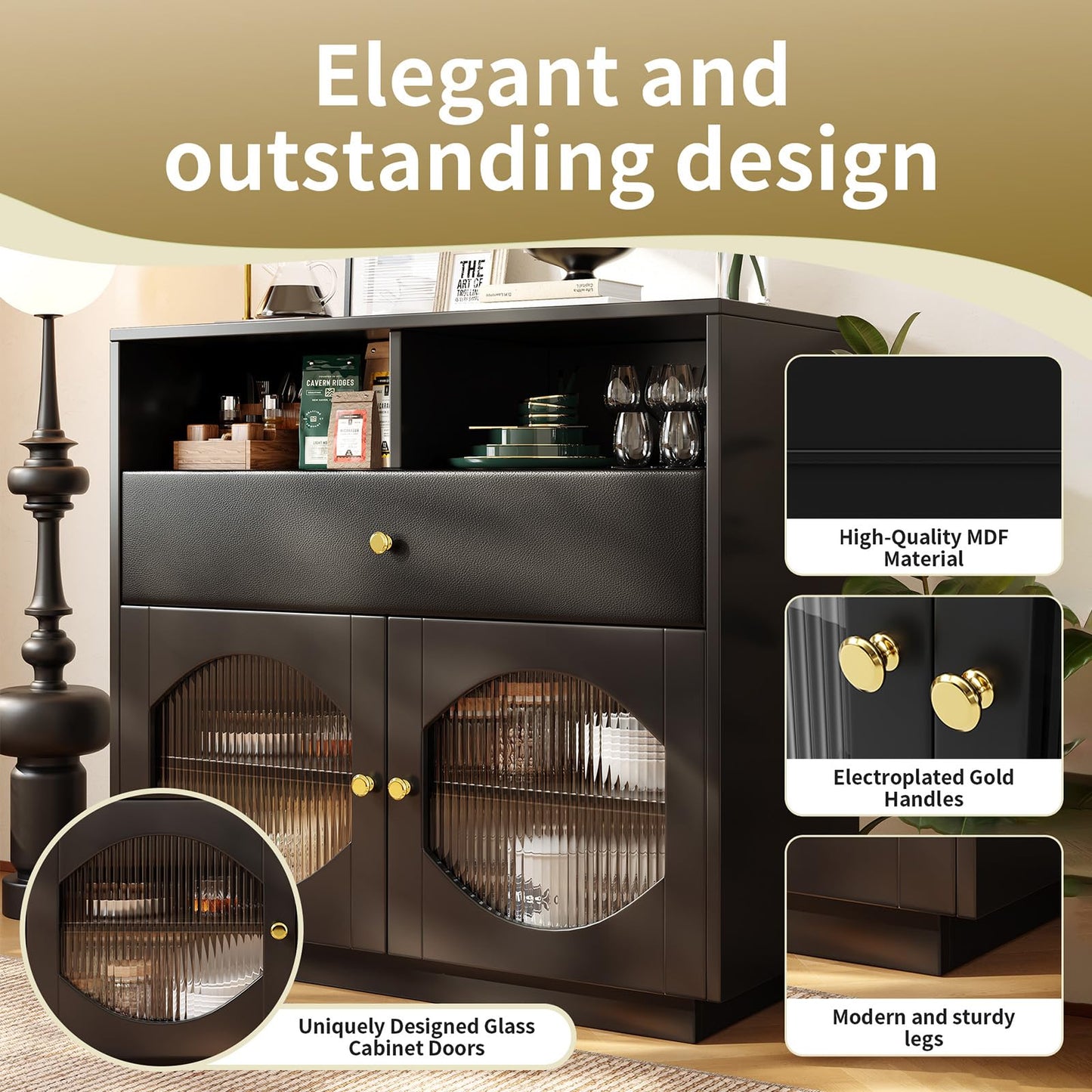 Peiaw Buffet, Meuble de Cuisine, Meuble de Rangement,Buffet Noir Moderne, Commode,Compartiment de Rangement Ouvert,Buffet avec Porte vitrée,Buffet avec 2 Portes et 1 tiroir,100×40×90.5cm