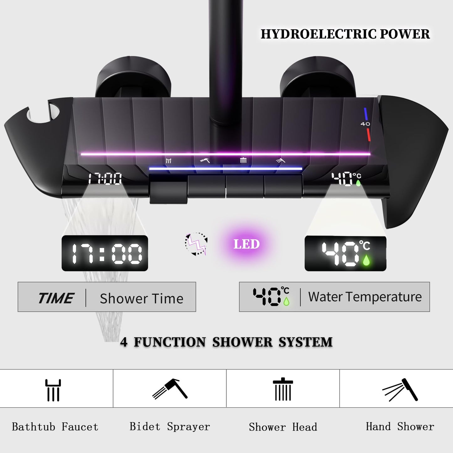 Colonne De Douche Avec Mitigeur Thermostatique Système De Douche Affichage Numérique LED Ensemble De Douche Avec Pommeau De Douche, Douchette, Bidet Douche, Robinet De Baignoire, Réglable (Noir)
