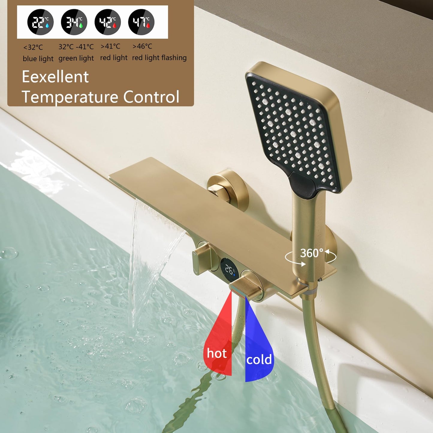 Robinet De Baignoire Cascade avec Affichage de la Température, Or Brossé Mitigeur Baignoire Mural avec Douchette À 3 Fonctions Robinet Pour Bain De Salle De Bain, 1.5M PVC Tuyau