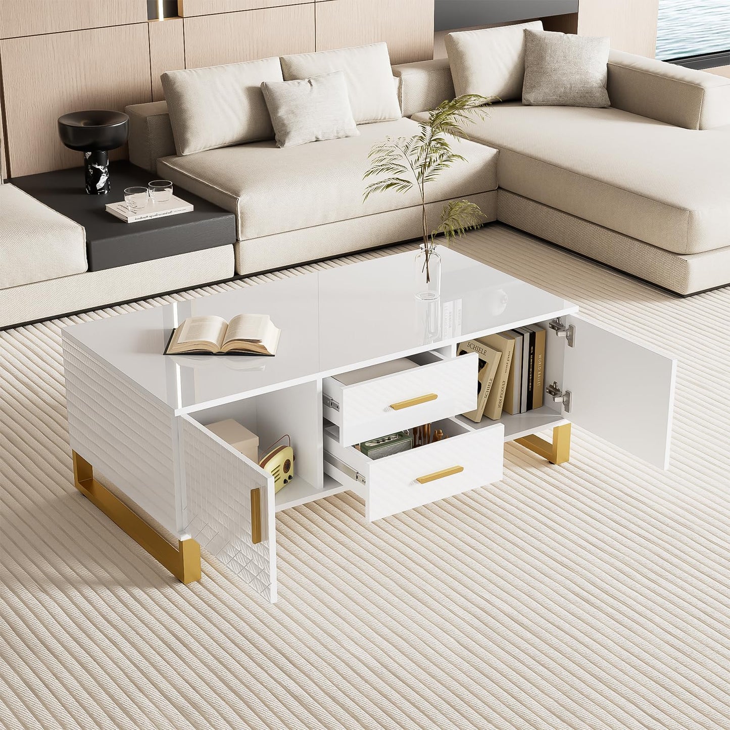 Table basse,Table basse salon,Table basse brillante,Table basse carrée avec tiroirs,équipée de deux portes,Poignées et pieds dorés,avec compartiment de rangement ouvert,Table basse 107x40,5x55 cm