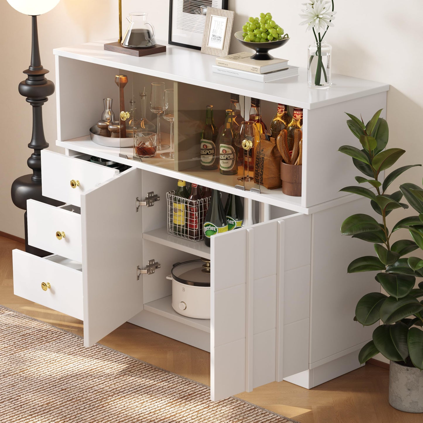 Buffet Moderne Élégant avec Portes en Verre Fumé, Meuble de Rangement avec 3 Tiroirs et 2 Portes, Meuble Buffet pour Salle à Manger Salon et D'entrée, Armoires Blanches/Noires, 120 × 33 × 95 cm