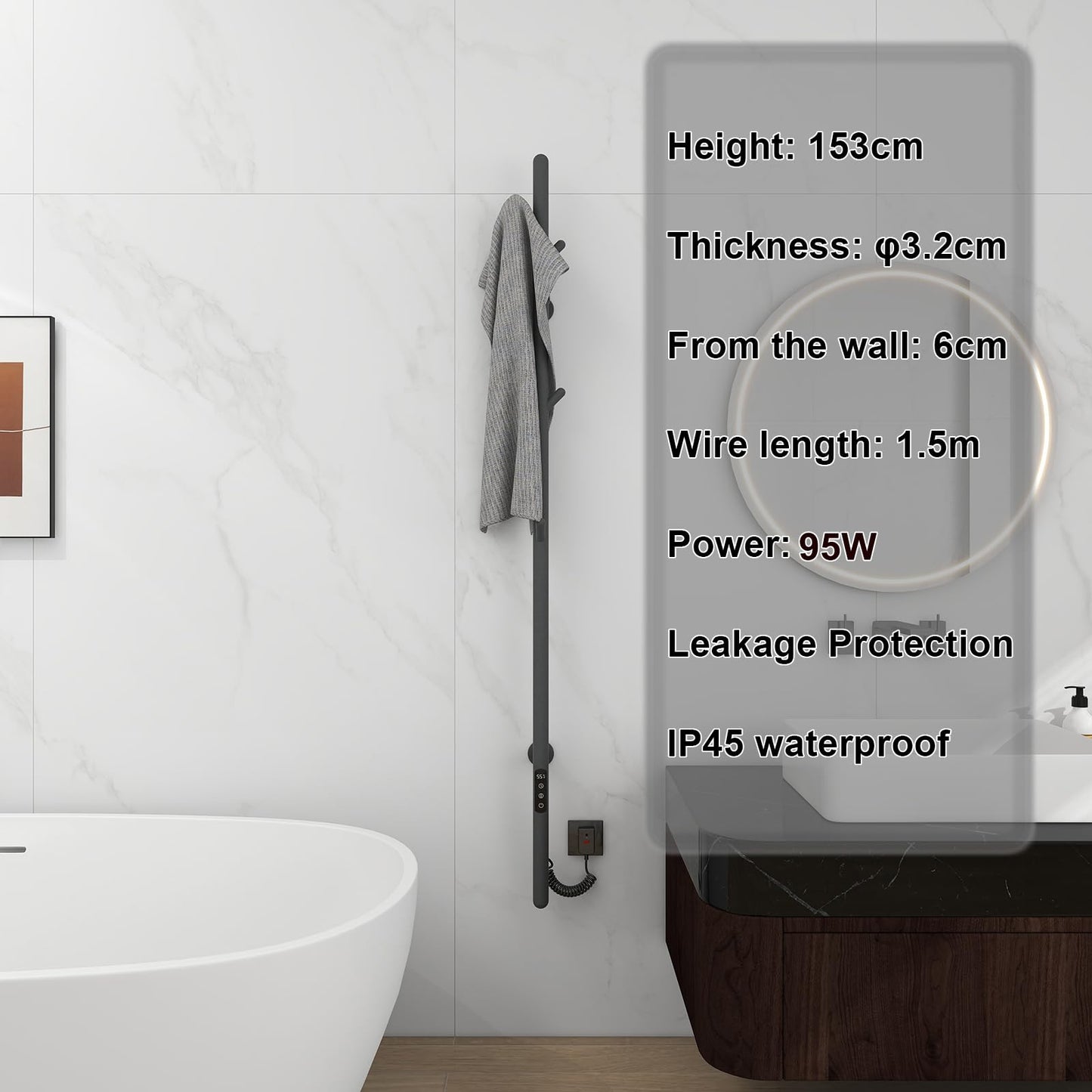 OihPaw Sèche serviette électrique,Chauffe-Serviettes à thermostat Intelligent WiFi,Porte-Serviettes électrique,Fonction de synchronisation,1500x32mm - G01