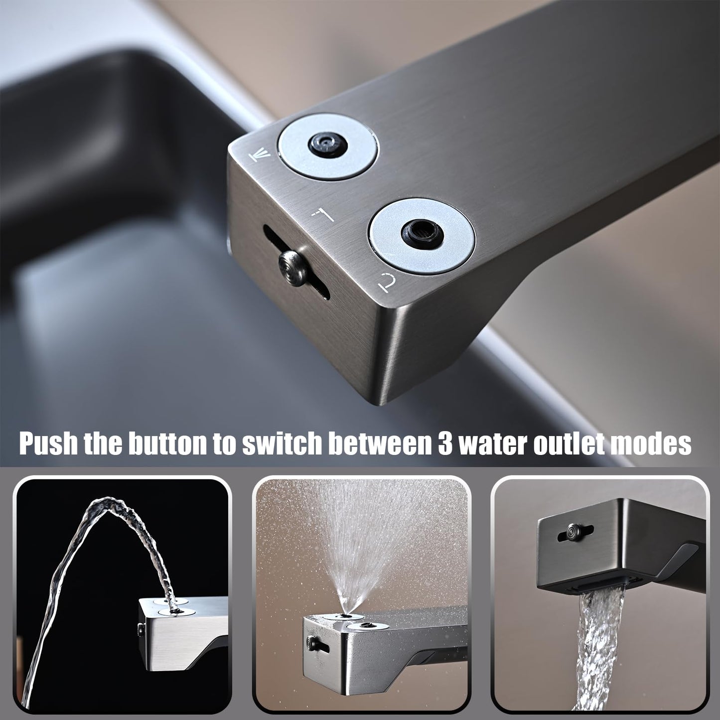 Mitigeur Lavabo Affichage Numérique LED Robinet Lavabo Gris Pistolet Robinet Cascade Mural Robinet Salle de Bain 3 Fonctions Mitigeur Salle de Bain avec Boîte Intégrée