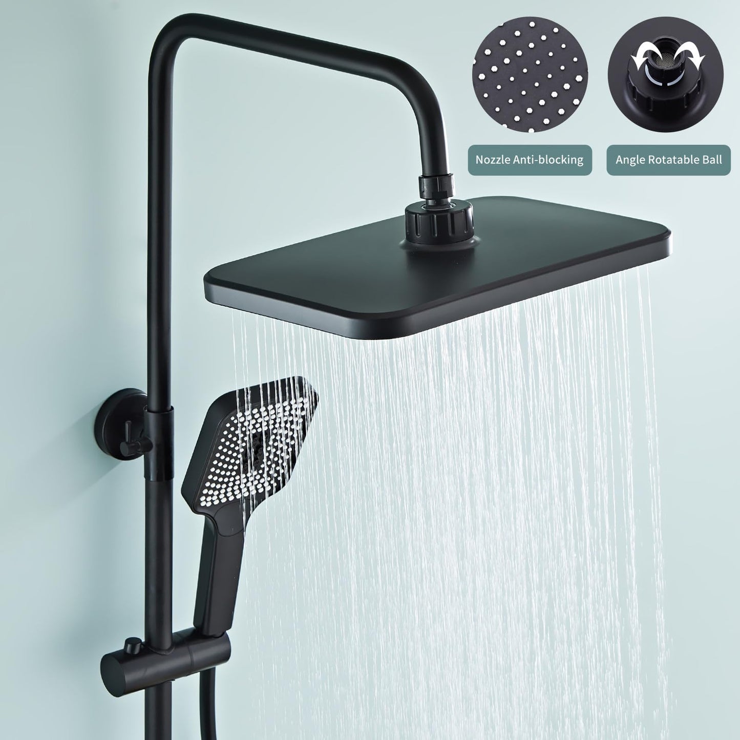Colonne de Douche Noir, Ensemble de Douche Mural à Boutons 4 Fonctions avec 31.5cm * 21cm Tête de Douche, Douchette à Mains, Robinet de Baignoire, Bidet Pulvérisateur, réglable en Hauteur