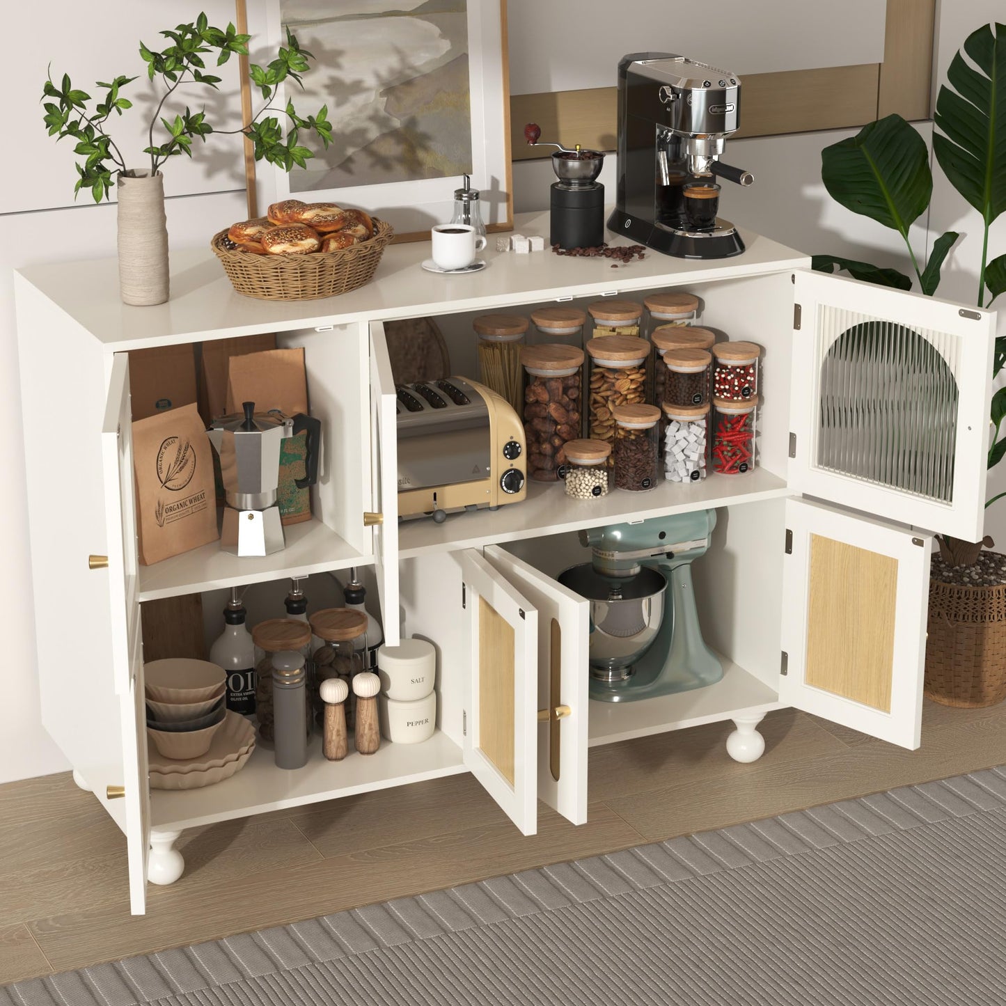 SHUGUANG 120 x 40 x 90 cm Buffet Cuisine, Armoire de Cuisine avec 3 Longues Portes Vitrées au Design Arc-en-Ciel et 4 Portes à Clés Piano, Buffet Moderne à Cuisine, Salon, Salle à Manger