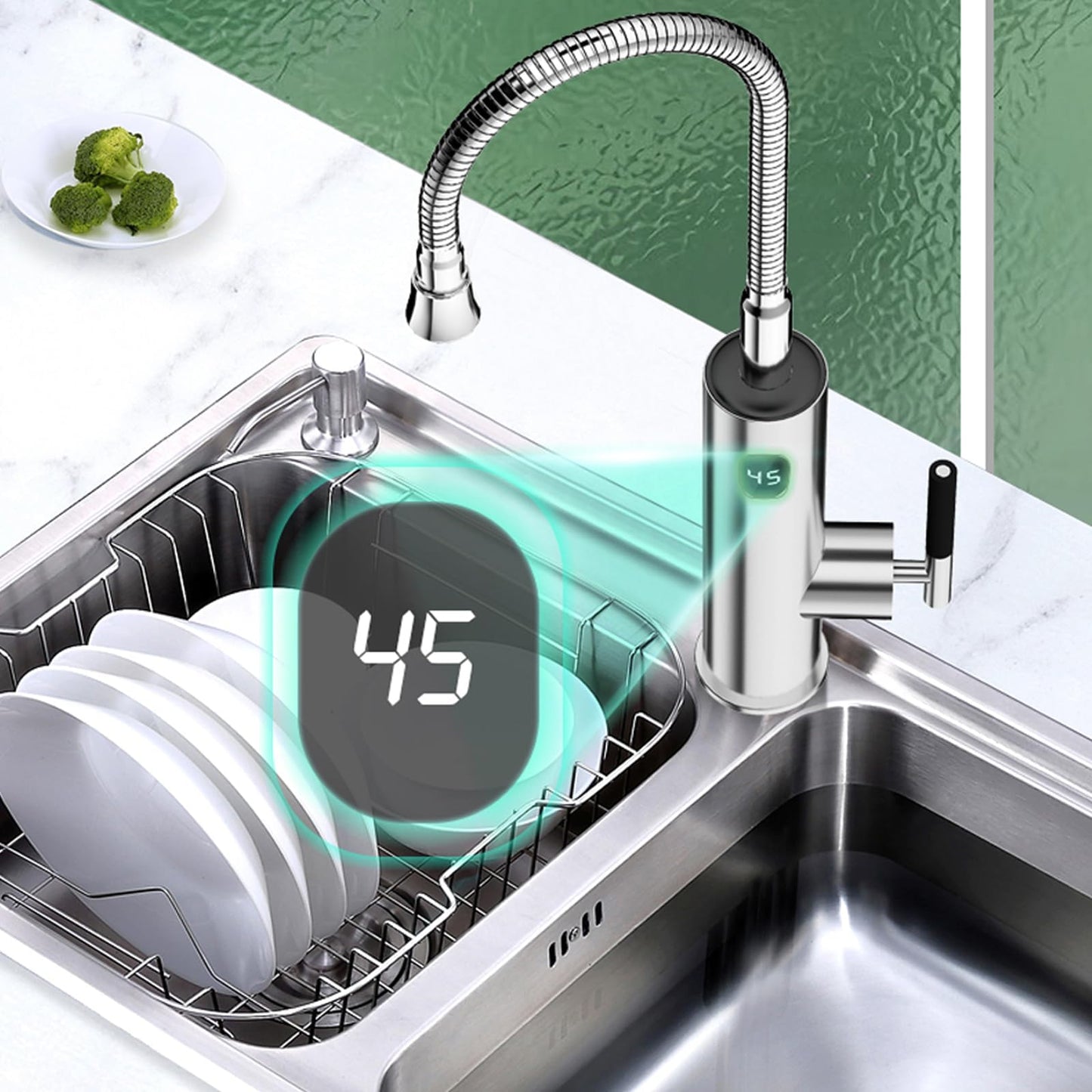 Robinet Électrique Сhauffe Eau Instantané, Affichage Digital Robinet Chauffant Instantané 3200W Robinet Cuisine Chauffage Électrique 360° Rotatif Flexible Robinet D'eau Chaude Électrique