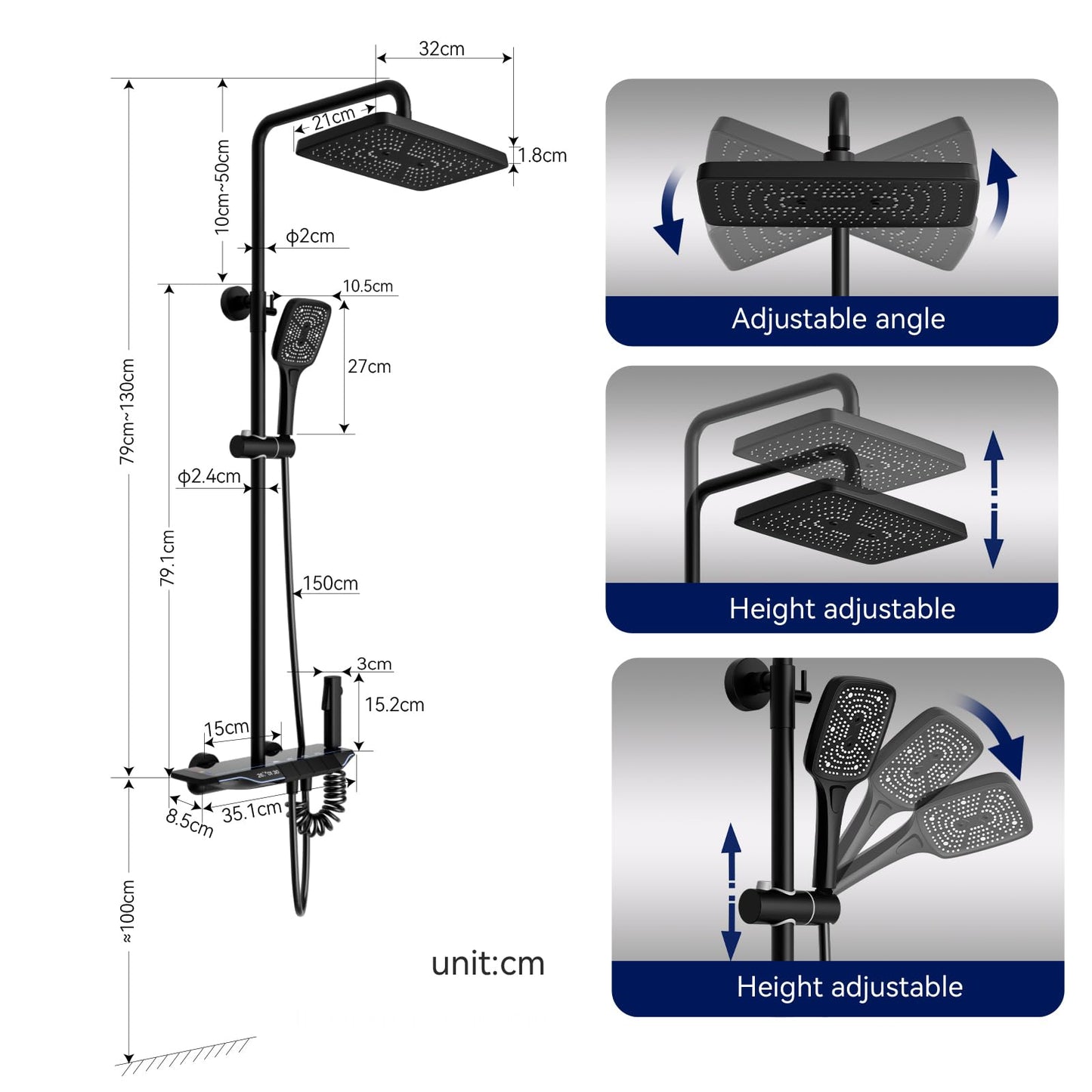 Colonne De Douche Avec Mitigeur Thermostatique, Noir Système De Douche avec Affichage la Température Ensemble de Douche Hauteur Réglable, Douchette à Main 3 Jets, 31x20CM Pommeau de Douche