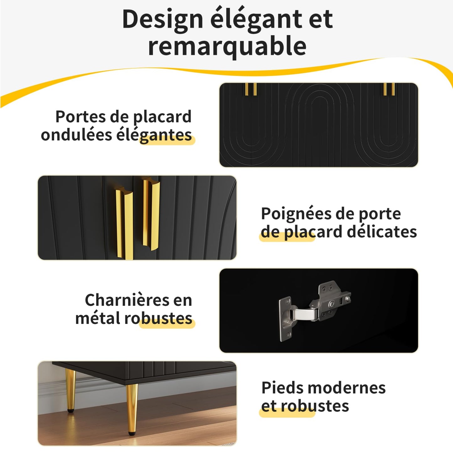 Peiaw Buffets,Meuble de Rangement Noir,Armoires de Cuisine,Coiffeuse, Buffet avec 6 tiroirs,Pieds plaqués Or,6 commodes avec poignées,120 x 40 x 78 cm,Convient pour entrée,Salle à Manger,Bureau