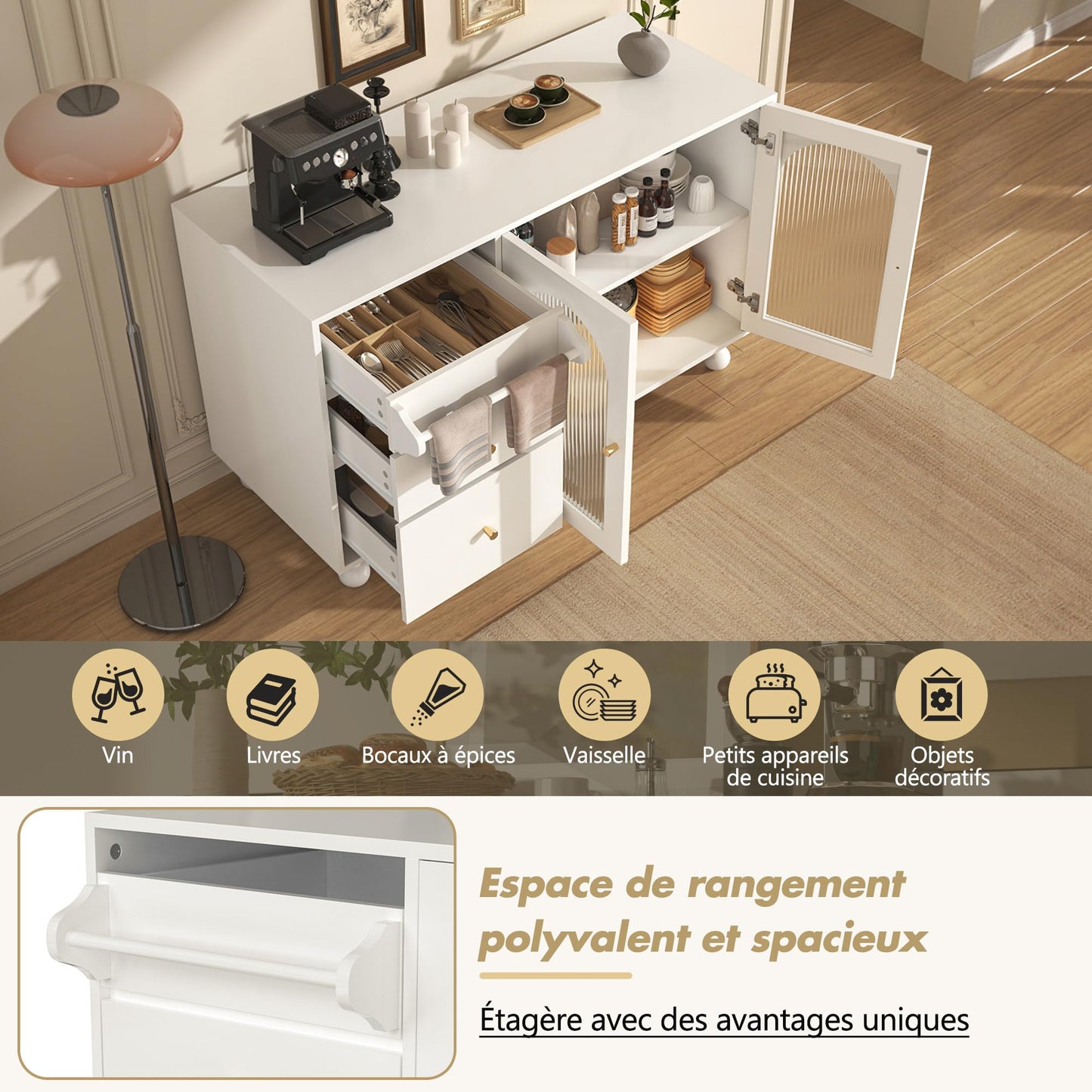 120 x 40 x 75.5 cm Armoire de Rangement Polyvalente, Armoire de Salon avec 3 Tiroirs et 2 Porte D'armoire Vitrée et Porte-Serviettes, Buffet Cuisine Applicable à Cuisine, Salon, Salle à Manger