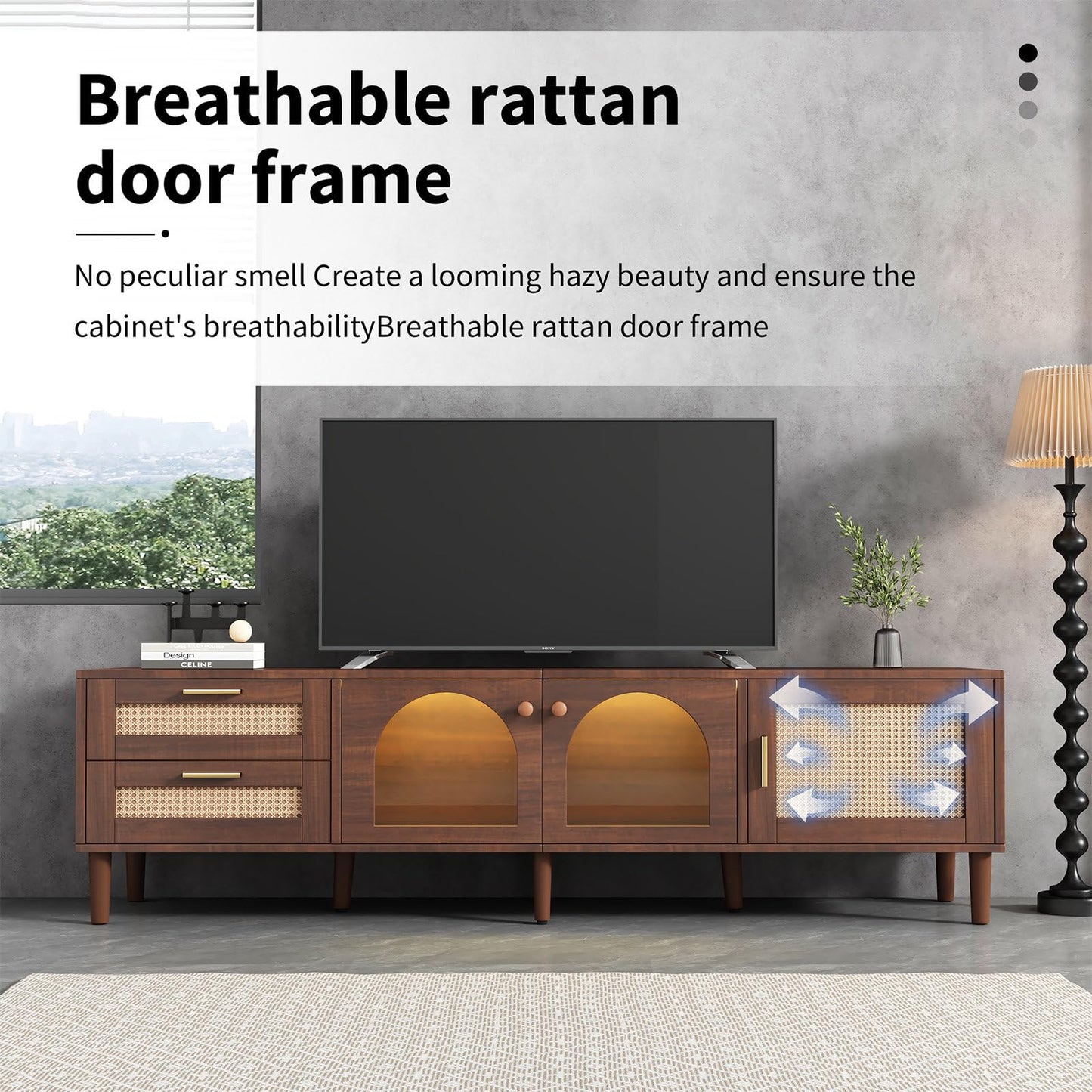 Meuble TV 180cm, Armoire De Télévision Rotin Tressé, Meuble Télé de Salon Convient Aux Téléviseurs de 80 Pouces, Table Télévision 2 Ports de Gestion des Câbles, 2 Portes 2 Tiroirs 4 Étagères Ouvertes